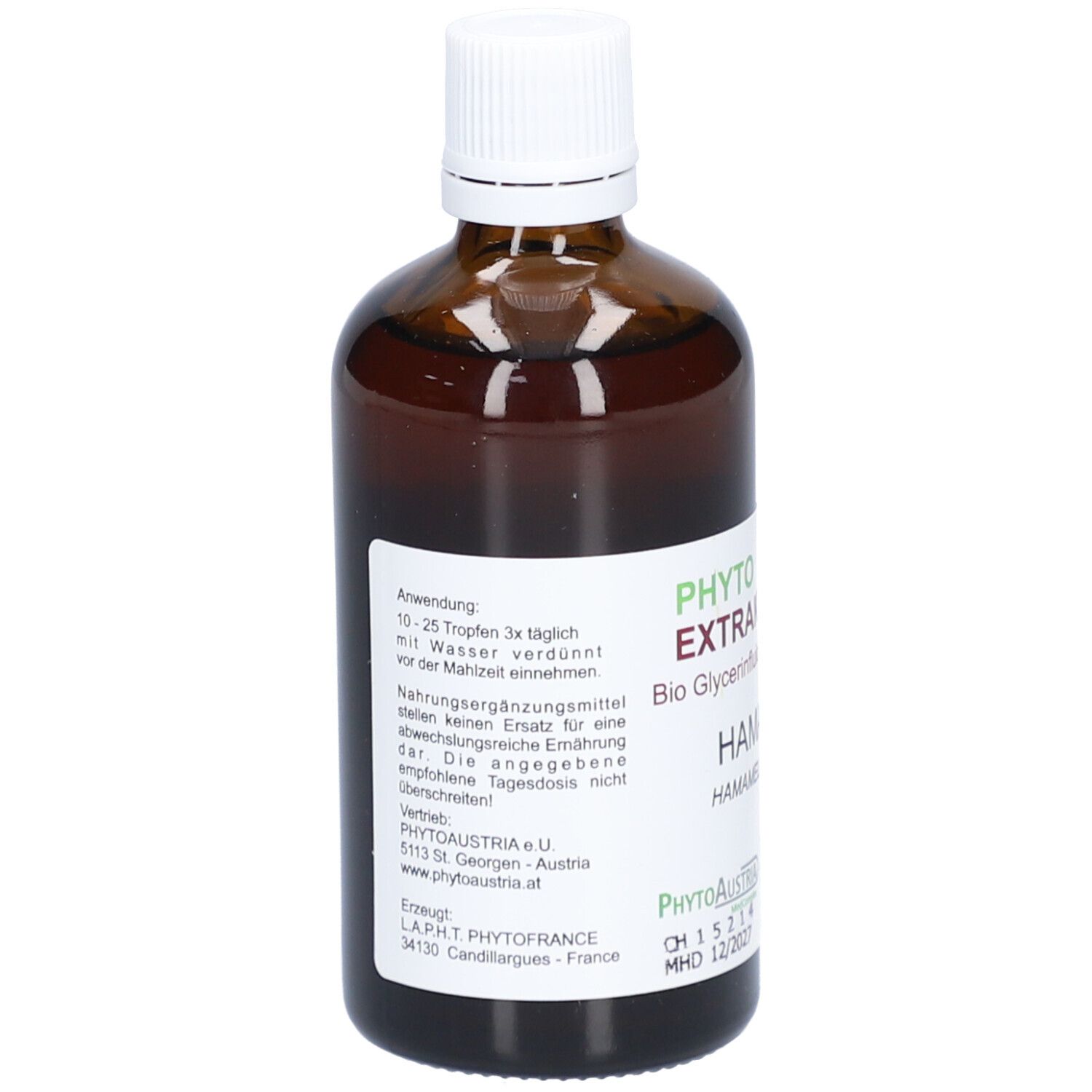 Vue arrière d'une bouteille en verre brun avec bouchon blanc et étiquette. Texte : Utilisation, ingrédients, adresse du fabricant.