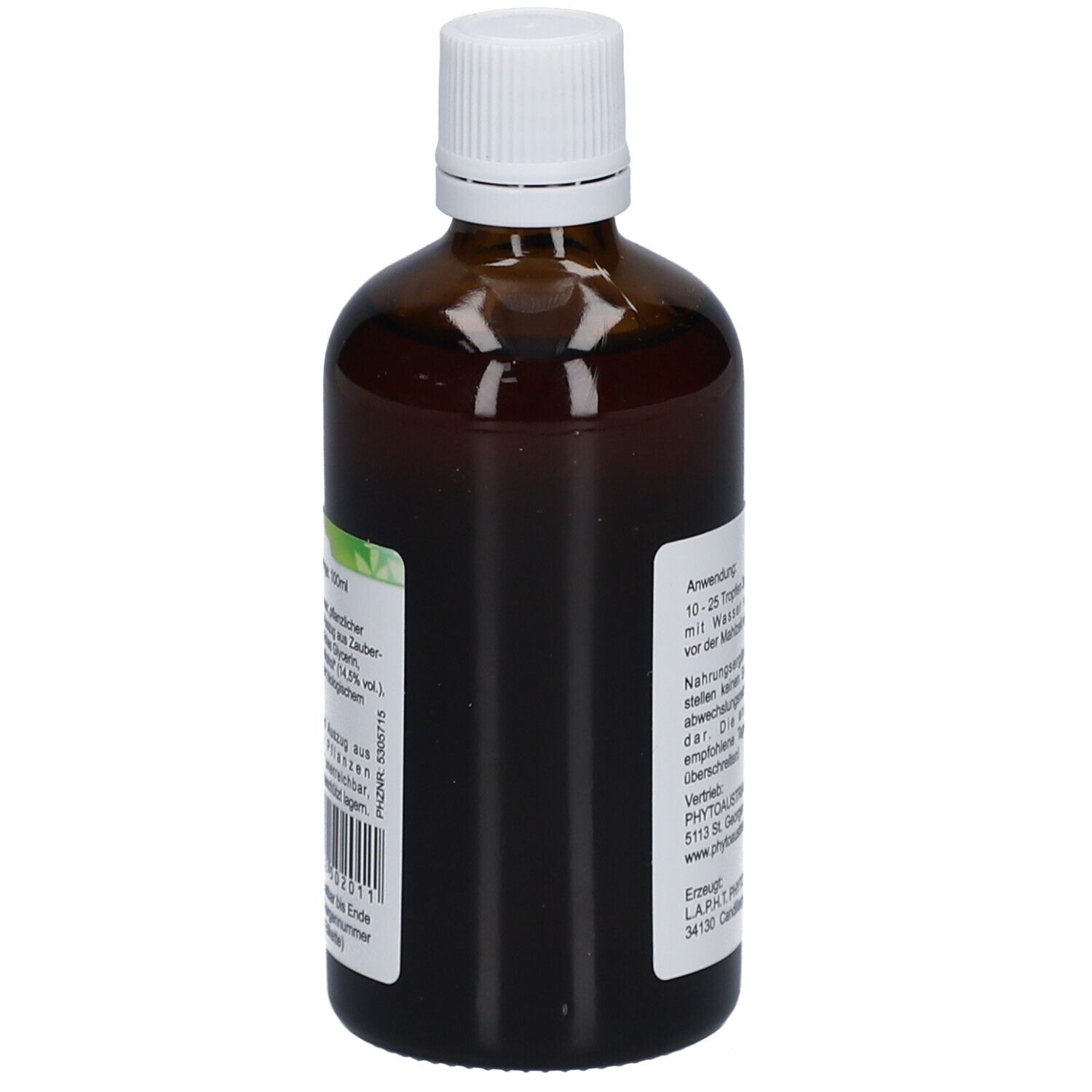 Vue latérale d'une bouteille en verre brun avec bouchon blanc et étiquette. Texte : Utilisation, adresse du fabricant, numéro de lot.