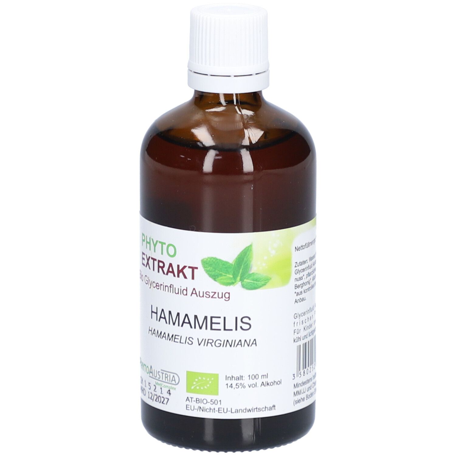 Flacon en verre brun avec bouchon blanc et étiquette. Inscription : Phyto Extrakt Hamamelis. Label bio. 100 ml.