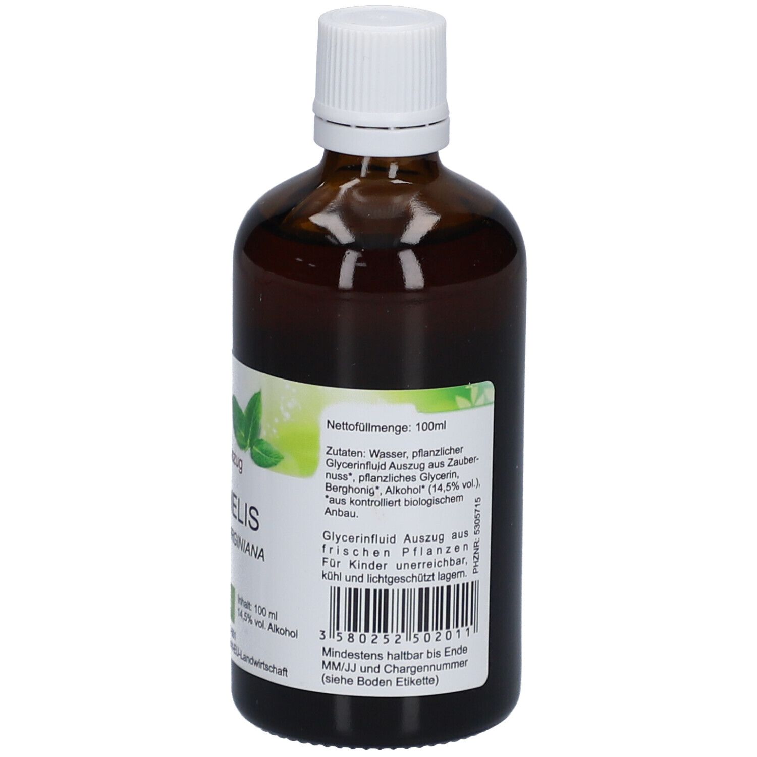 Flacon en verre brun avec bouchon blanc et étiquette. Inscription : Hamamelis, ingrédients, 100 ml, 14,5% Vol. alcool.
