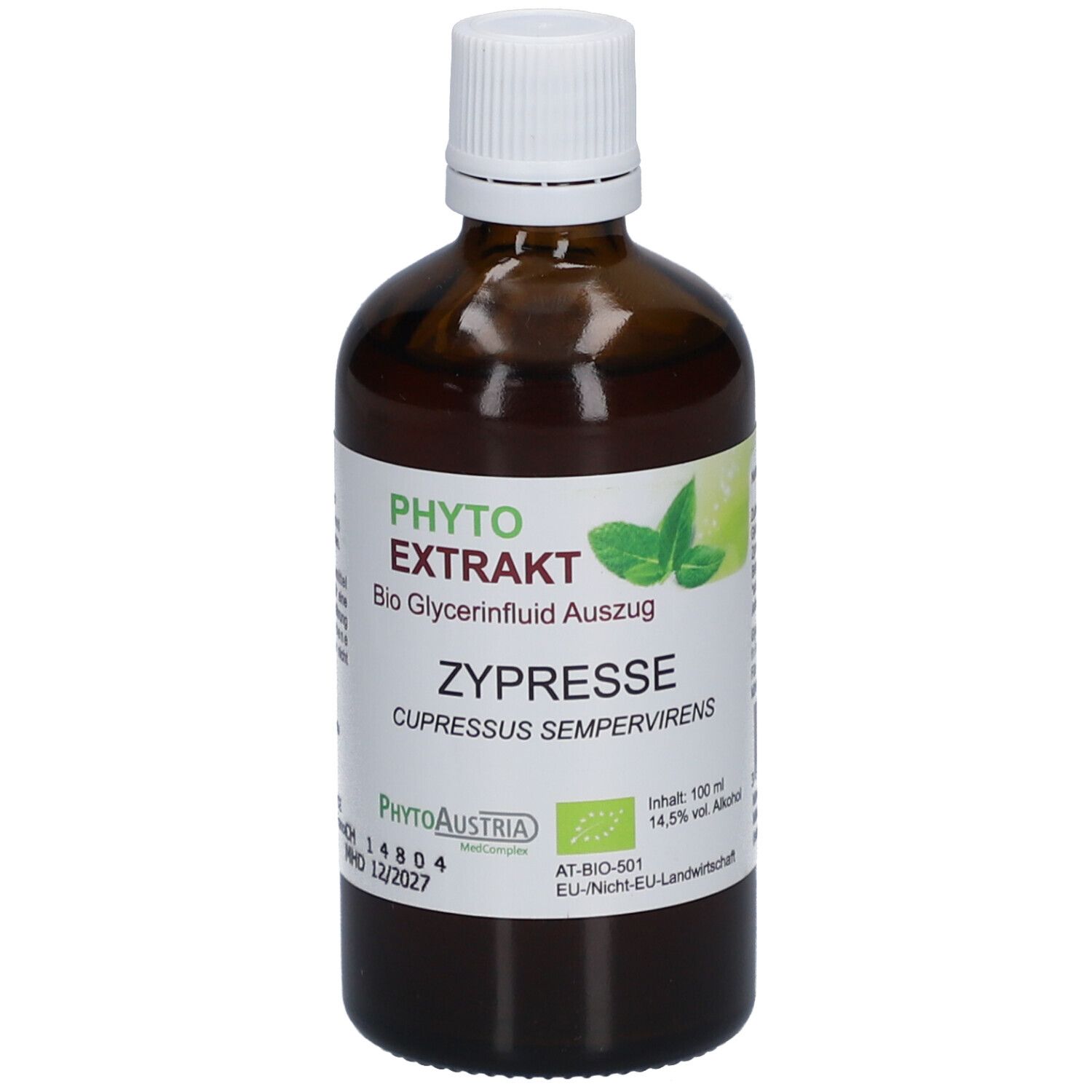 Braune Glasflasche mit weißem Deckel. Etikett mit Produktnamen, Logo und Inhaltsangaben. Bio-Zertifizierung.
