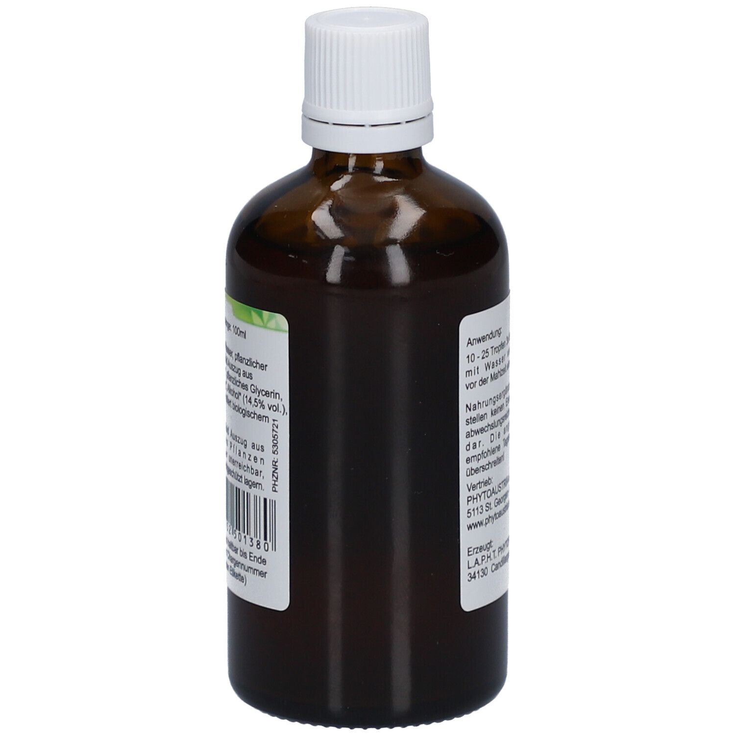 Braune Glasflasche mit weißem Deckel. Etikett mit Produktinformationen und Barcode. MHD 12/2027.