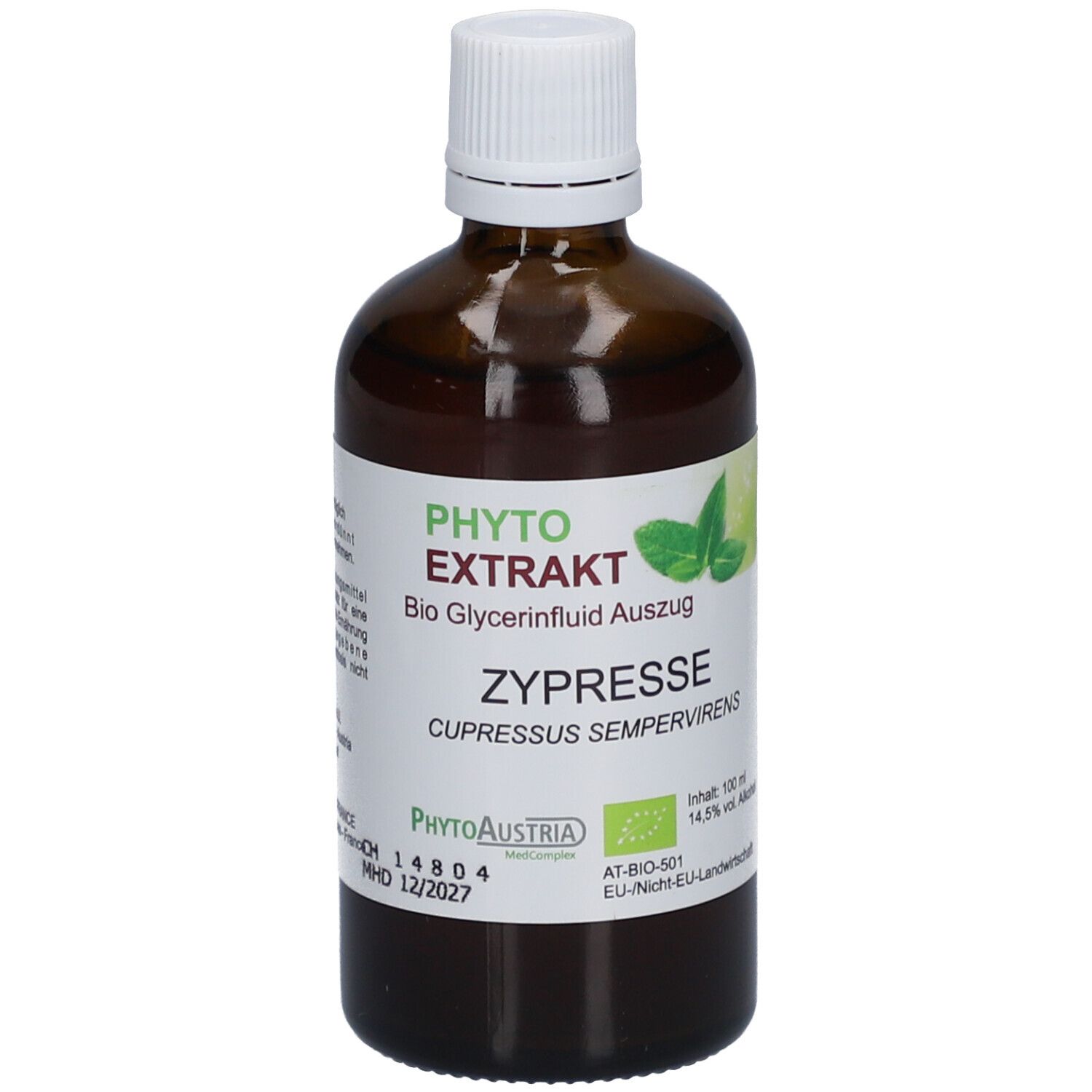 Braune Glasflasche mit weißem Deckel. Etikett mit Produktnamen, Logo und Inhaltsangaben. Bio-Zertifizierung.