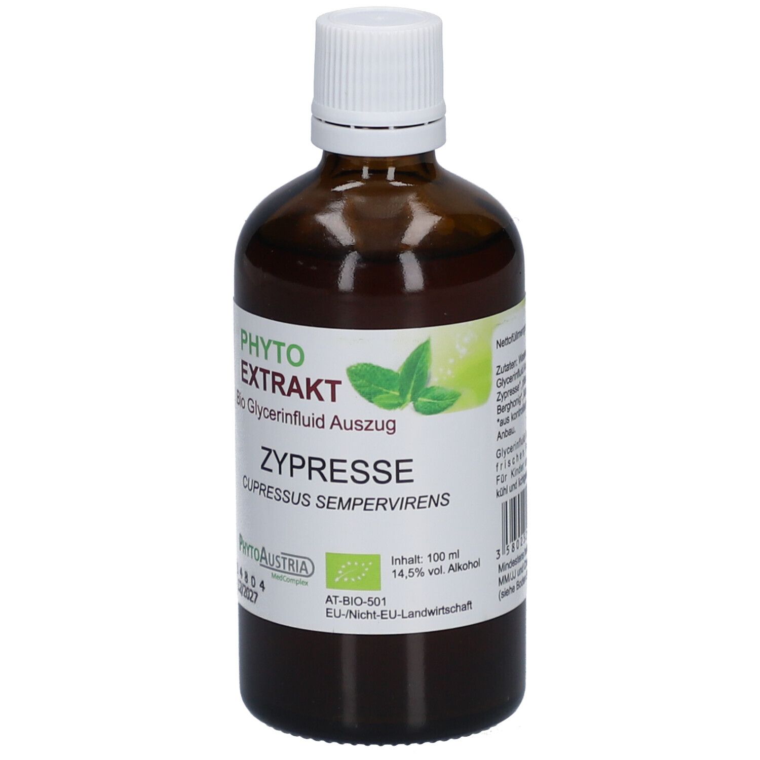 Braune Glasflasche mit weißem Deckel. Etikett mit Produktnamen, Logo und Inhaltsangaben. Bio-Zertifizierung.