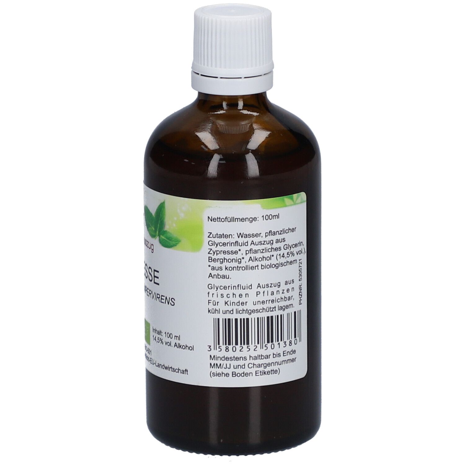 Braune Glasflasche mit weißem Deckel. Etikett mit Inhaltsstoffen, Volumen und Barcode. MHD 12/2027.