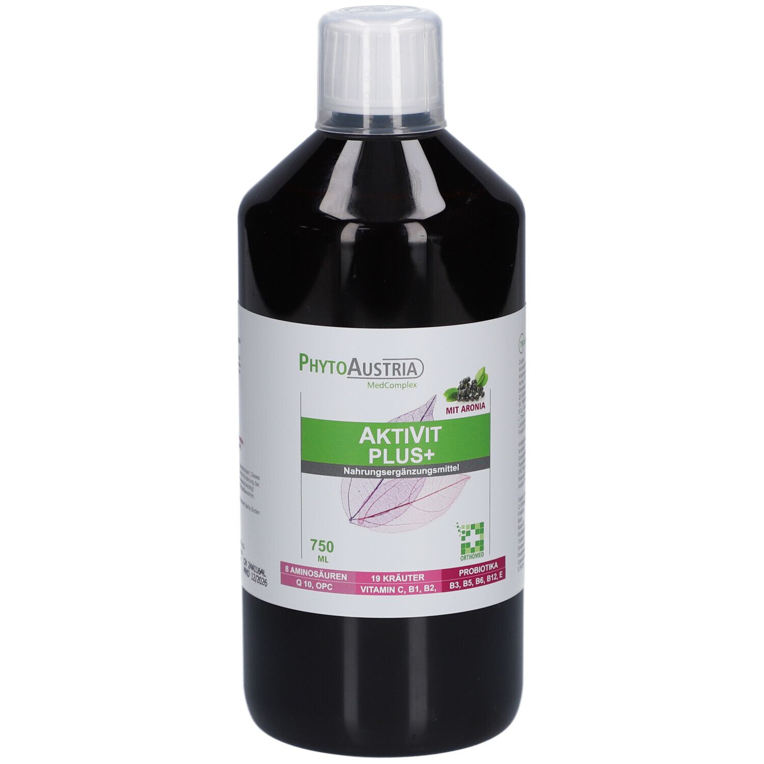 Braune Flasche mit weißem Deckel. Etikett mit Produktnamen AktiVit Plus+. Enthält 19 Kräuter und Vitamin C.