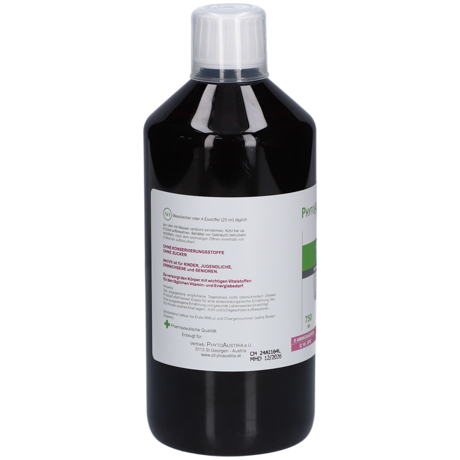 Rückansicht einer braunen Flasche mit weißem Deckel. Etikett mit Produktinformationen und Inhaltsstoffen.