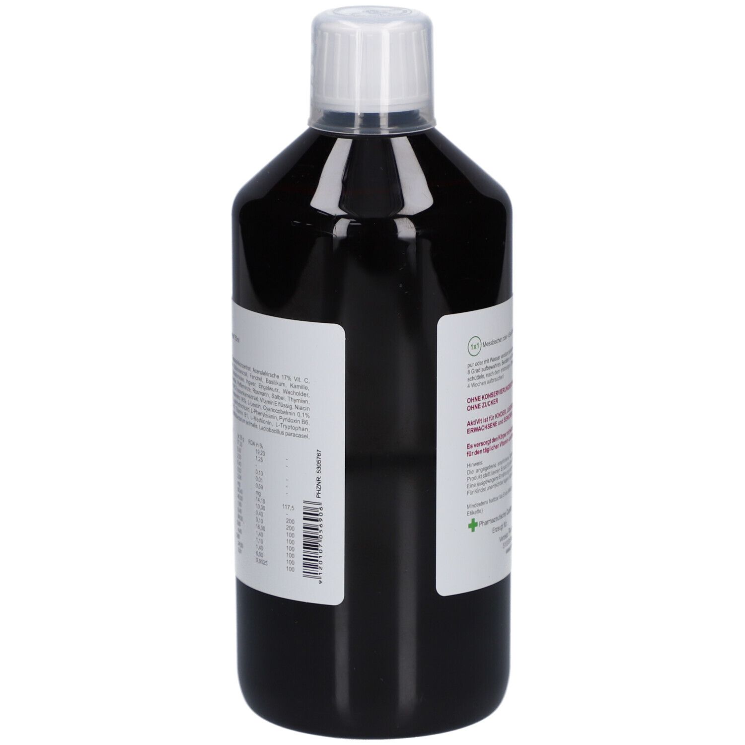 Rückansicht einer braunen Flasche mit weißem Deckel. Etikett mit Nährwertangaben und weiteren Informationen.