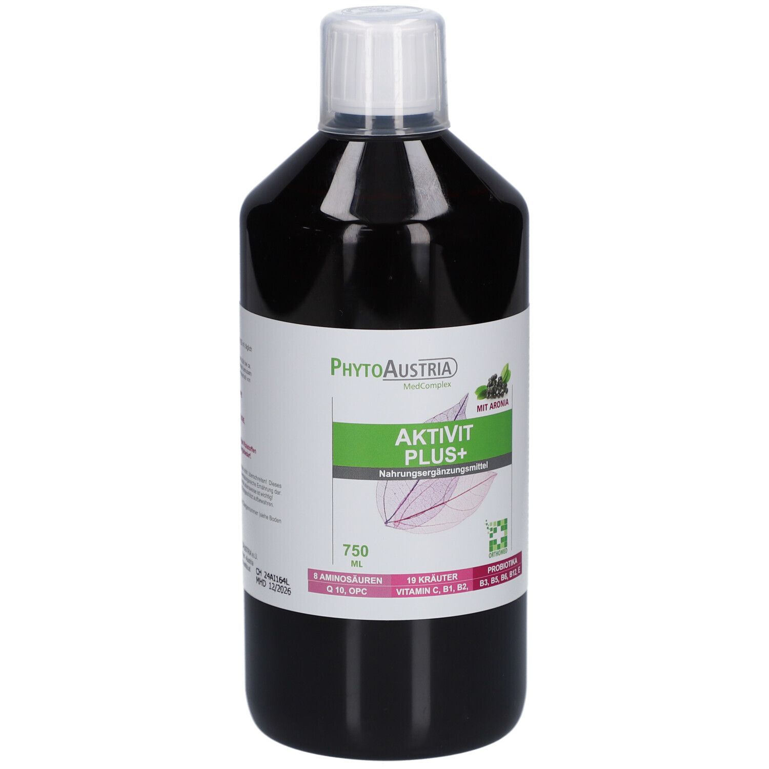 Braune Flasche mit weißem Deckel. Etikett mit Produktnamen AktiVit Plus+. Enthält 19 Kräuter und Vitamin C.
