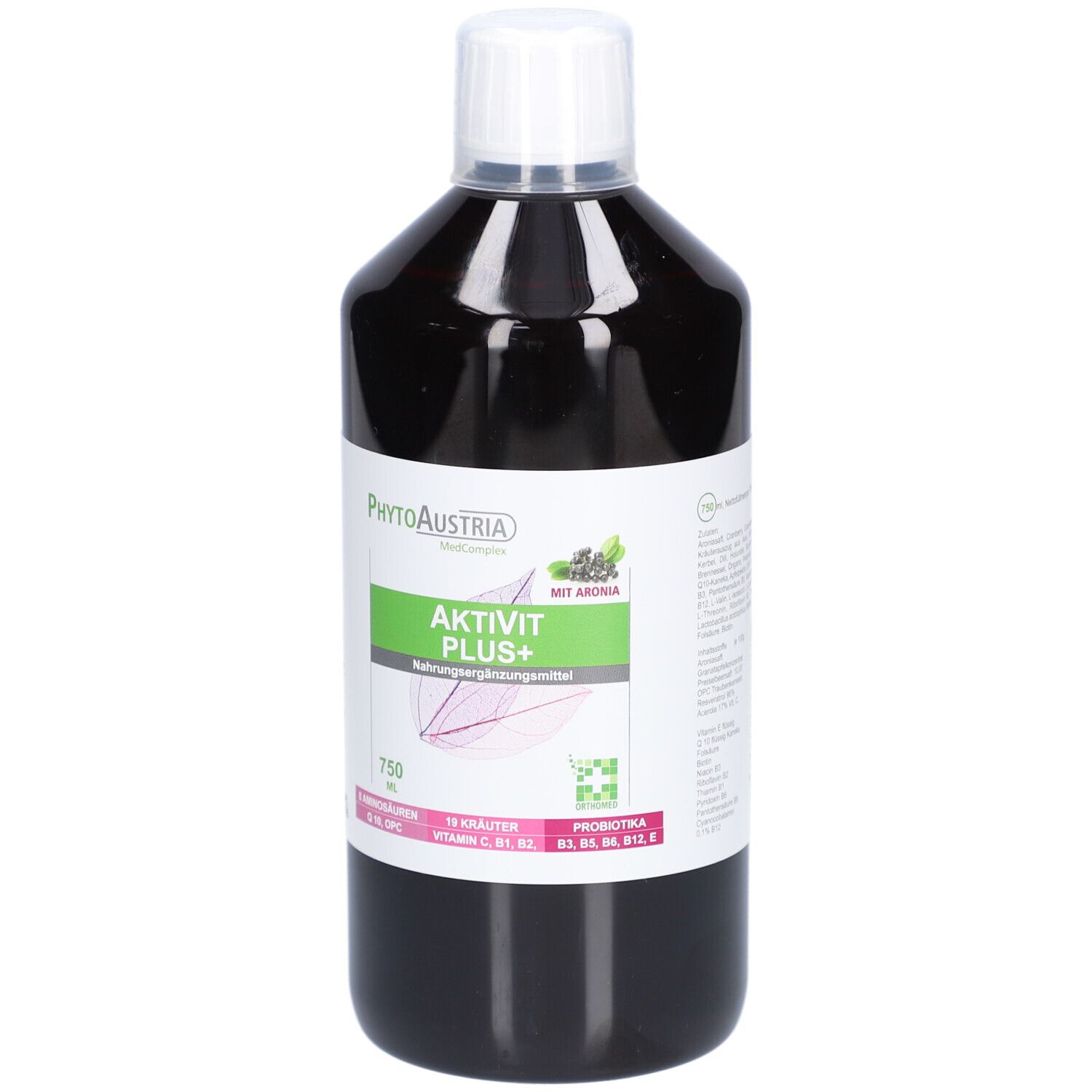 Braune Flasche mit weißem Deckel. Etikett mit Produktnamen AktiVit Plus+. Enthält 19 Kräuter und Vitamin C.