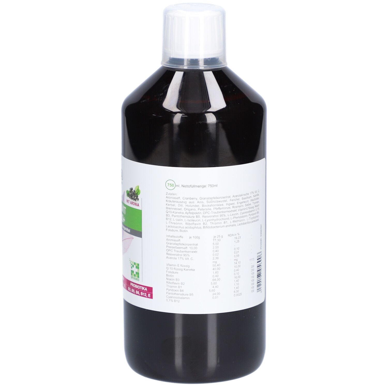 Rückansicht einer braunen Flasche mit weißem Deckel. Etikett mit Nährwertangaben und weiteren Informationen.