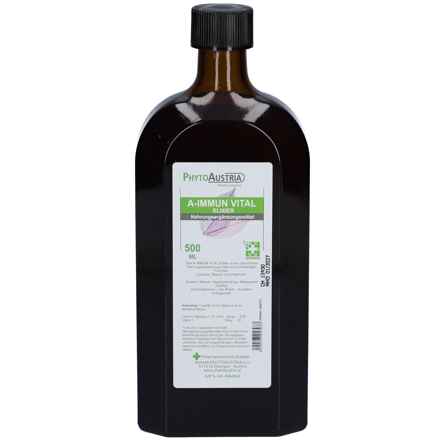 Braune Glasflasche mit schwarzem Verschluss. Etikett mit Produktnamen, Logo und Informationen. 500 ml.