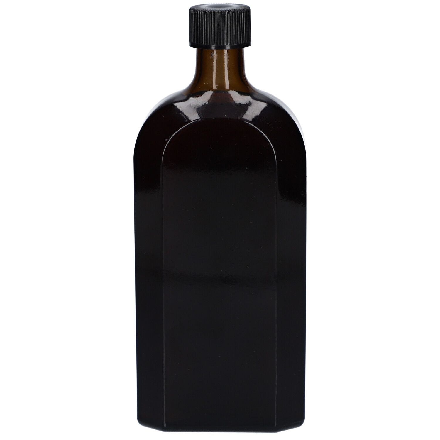 Braune Glasflasche mit schwarzem Verschluss. Eckige Form mit abgerundeten Schultern.