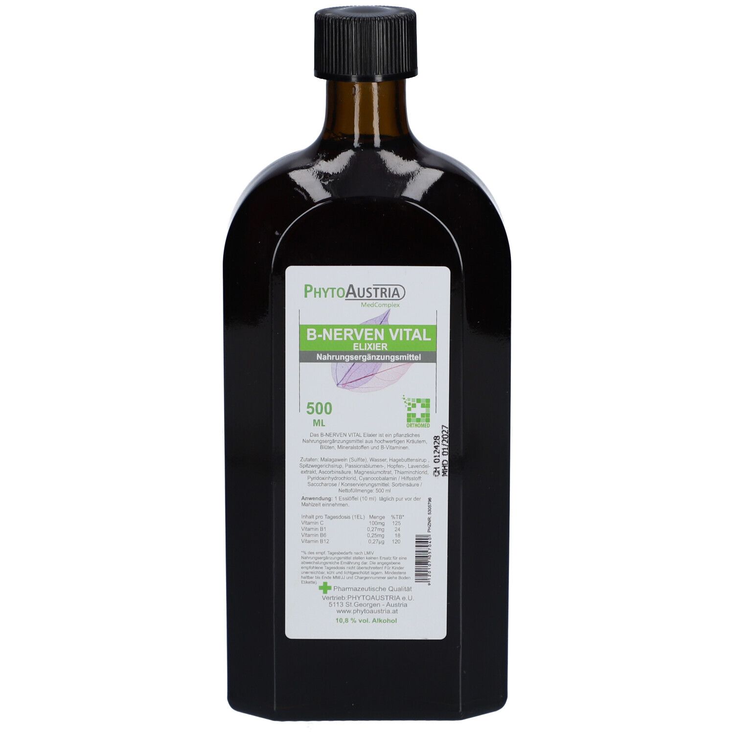 Braune Glasflasche mit schwarzem Verschluss. Etikett mit Produktinformationen und Marke PhytoAustria.