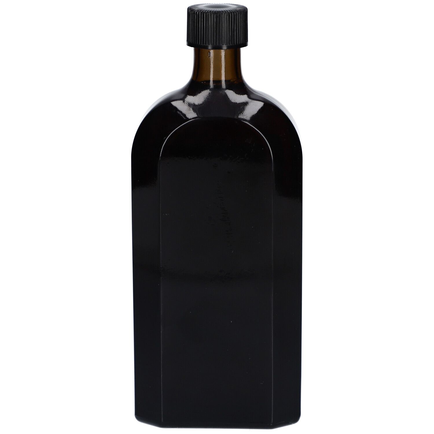 Braune Glasflasche mit schwarzem Verschluss. Eckige Form, ohne Etikett.