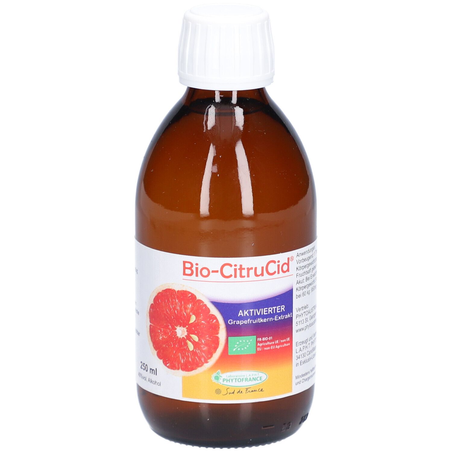 Flacon en verre brun avec bouchon blanc. Étiquette avec nom du produit, image de pamplemousse et label bio.