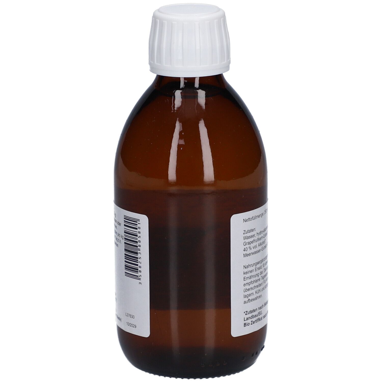 Flacon en verre brun avec bouchon blanc. Étiquette avec informations sur le produit et code-barres.