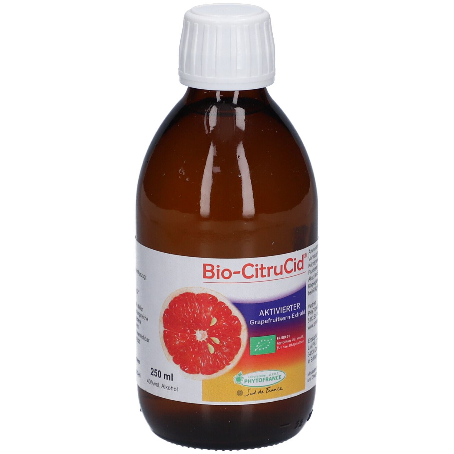 Flacon en verre brun avec bouchon blanc. Étiquette avec nom du produit, image de pamplemousse et label bio.