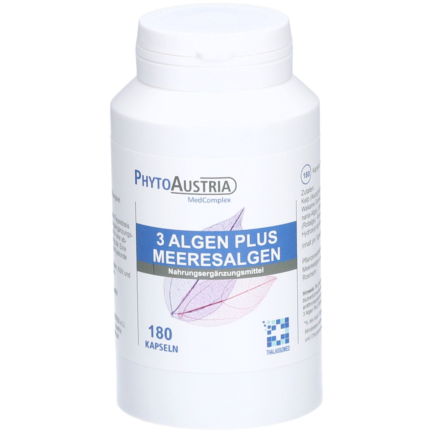 Flacon blanc de gélules. Inscription : PhytoAustria, 3 Algen Plus Meeresalgen, 180 gélules. Logo Thallassomed.