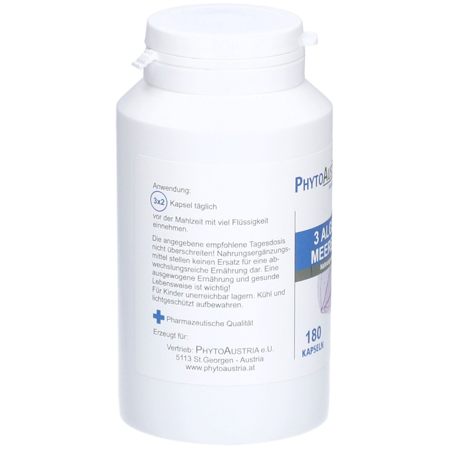 Dos de flacon blanc de gélules. Texte : Utilisation, 3x2 gélules par jour. Logo PhytoAustria, 180 gélules.