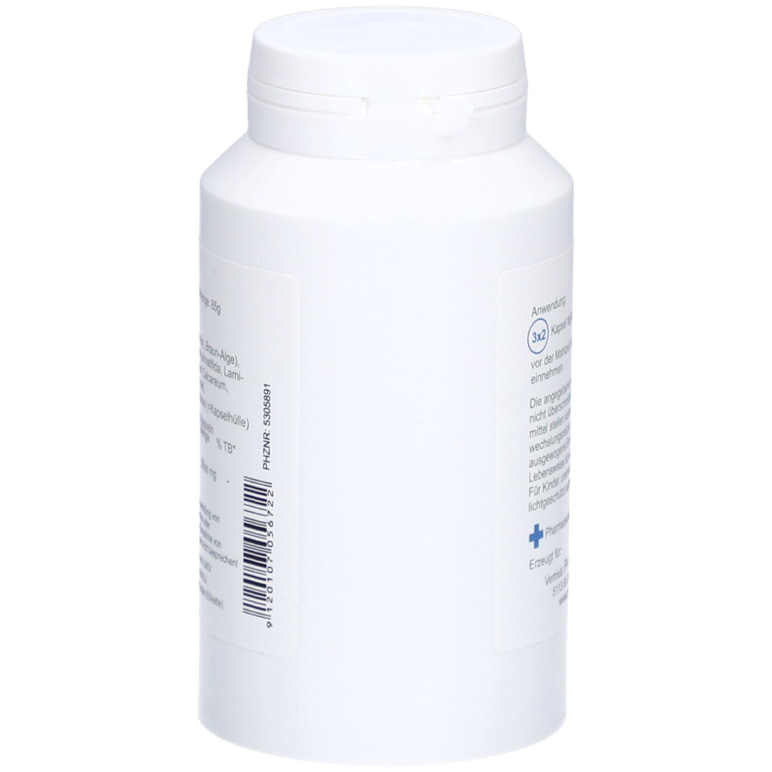 Flacon blanc de gélules. Inscription : PhytoAustria, 3 Algen Plus Meeresalgen. Code-barres et autres informations.