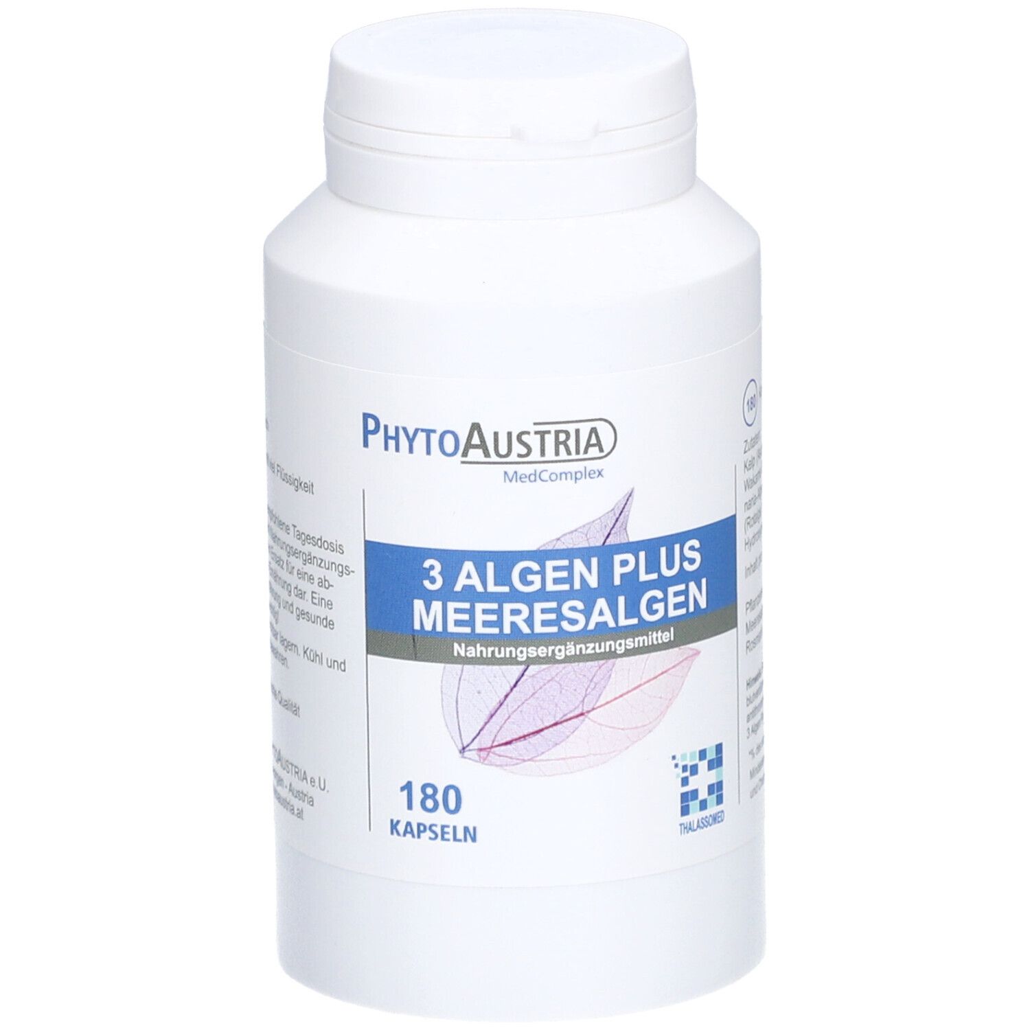Flacon blanc de gélules. Inscription : PhytoAustria, 3 Algen Plus Meeresalgen, 180 gélules. Logo Thallassomed.