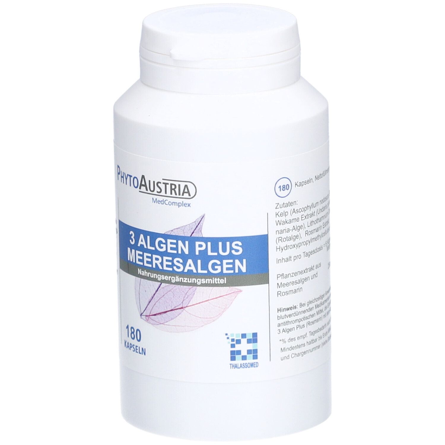 Flacon blanc de gélules. Inscription : PhytoAustria, 3 Algen Plus Meeresalgen, 180 gélules. Liste des ingrédients.