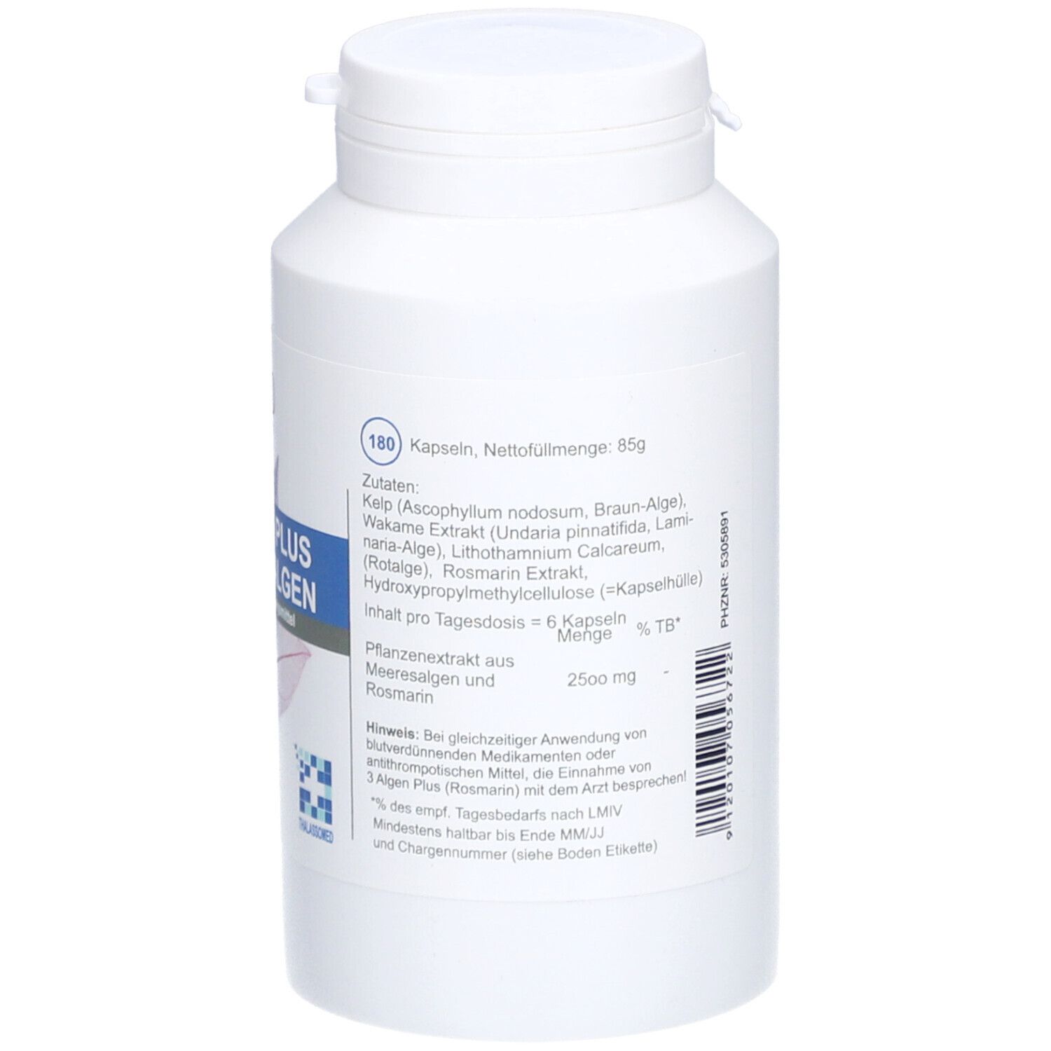 Dos d'un flacon blanc de gélules. Liste des ingrédients, 180 gélules, poids net 85g. Logo Thallassomed.