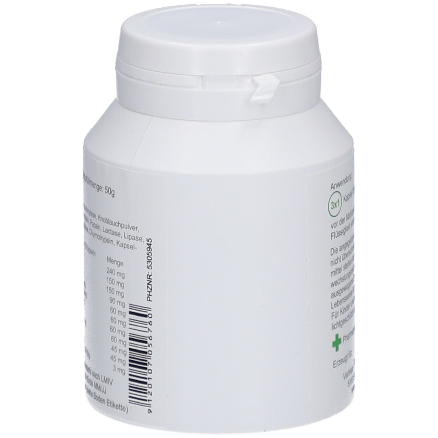 Weiße Flasche mit Enzym-Komplex Kapseln. Auflistung der Inhaltsstoffe und Mengenangaben. 50g Nettogewicht.