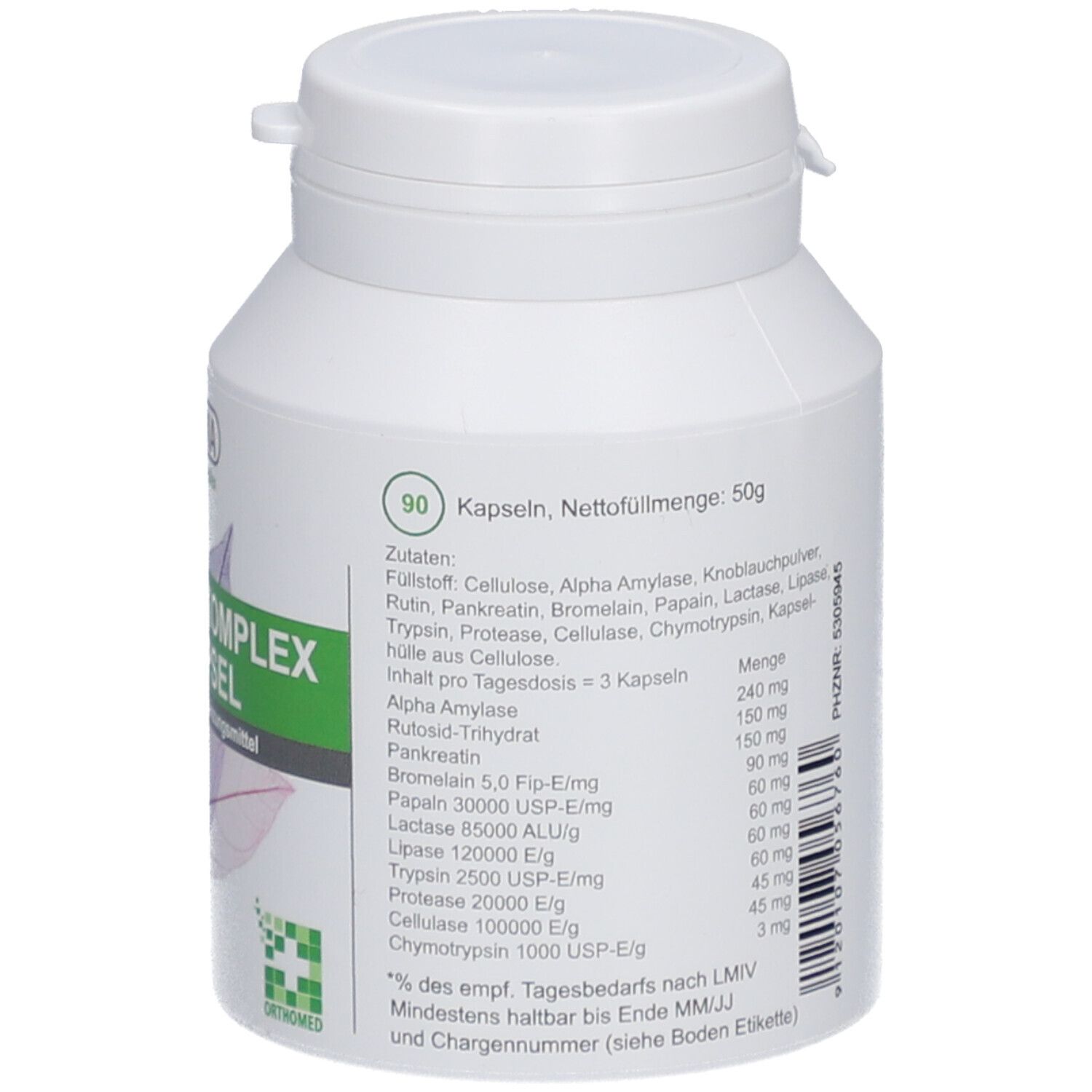 Rückseite der weißen Flasche mit Enzym-Komplex Kapseln. Auflistung der Inhaltsstoffe und Mengenangaben. 50g Nettogewicht.