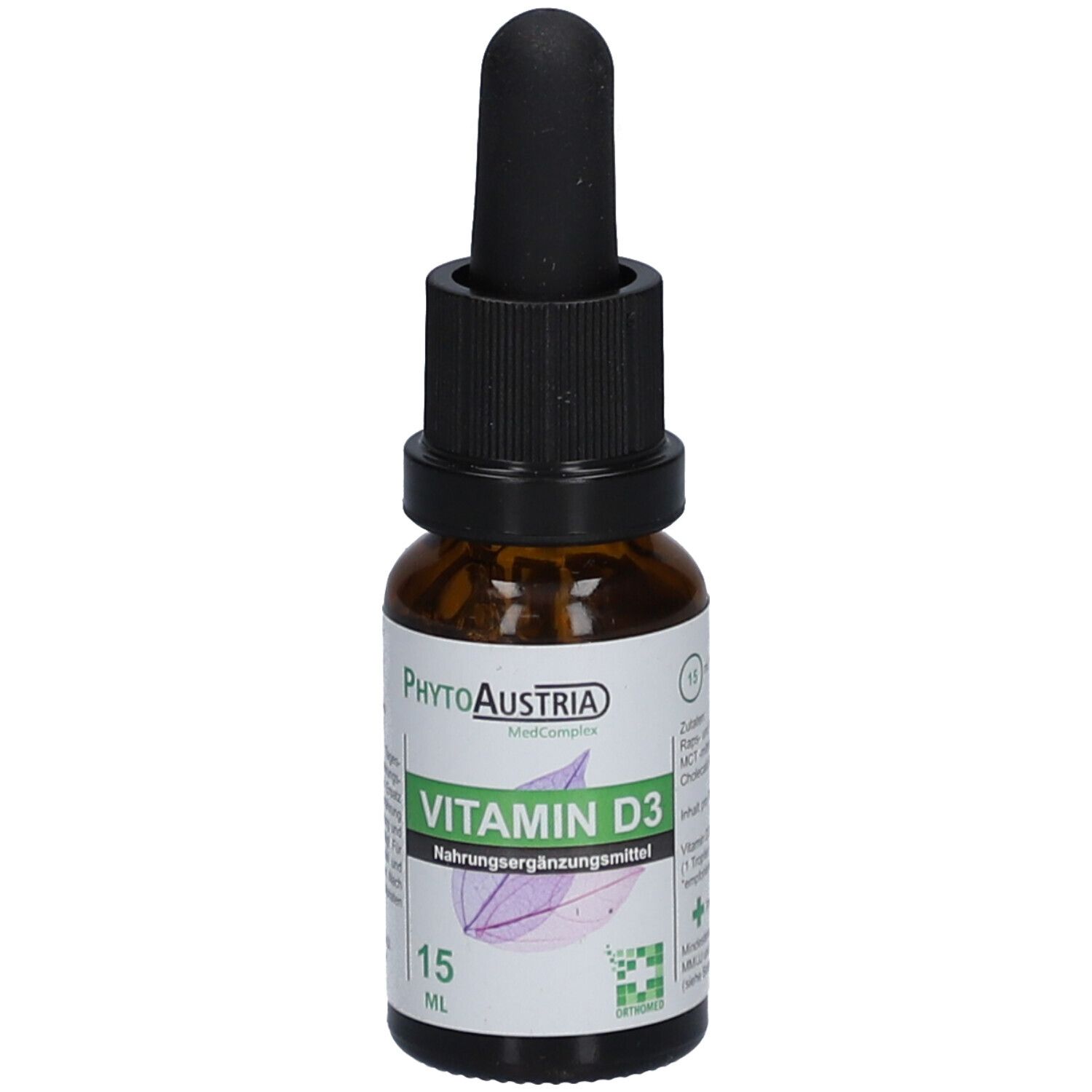 Braune Glasflasche mit schwarzem Tropfer. Etikett mit "Vitamin D3" und "15 ml".