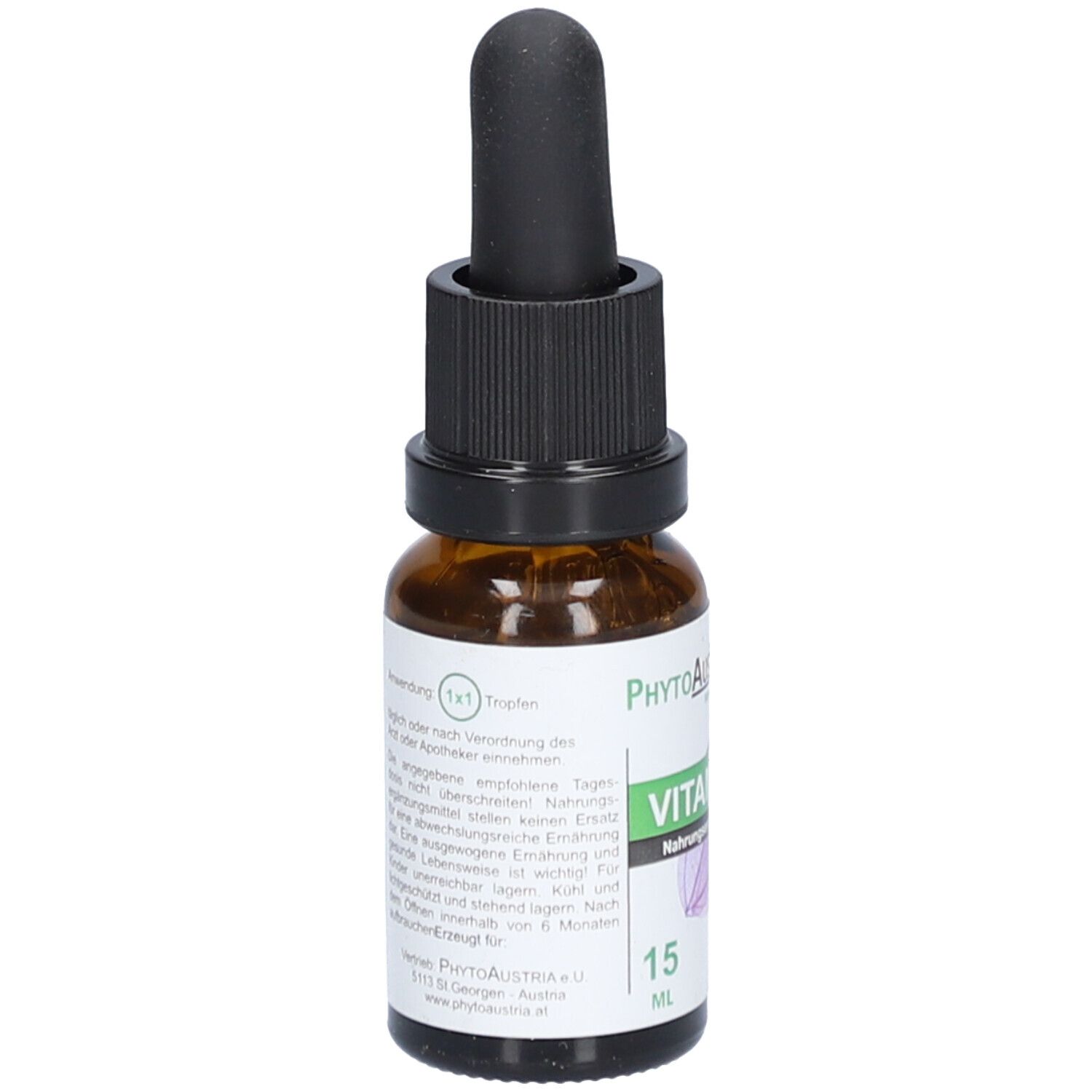 Braune Glasflasche mit schwarzem Tropfer. Etikett mit "Vitamin D3" und Anwendungshinweisen.
