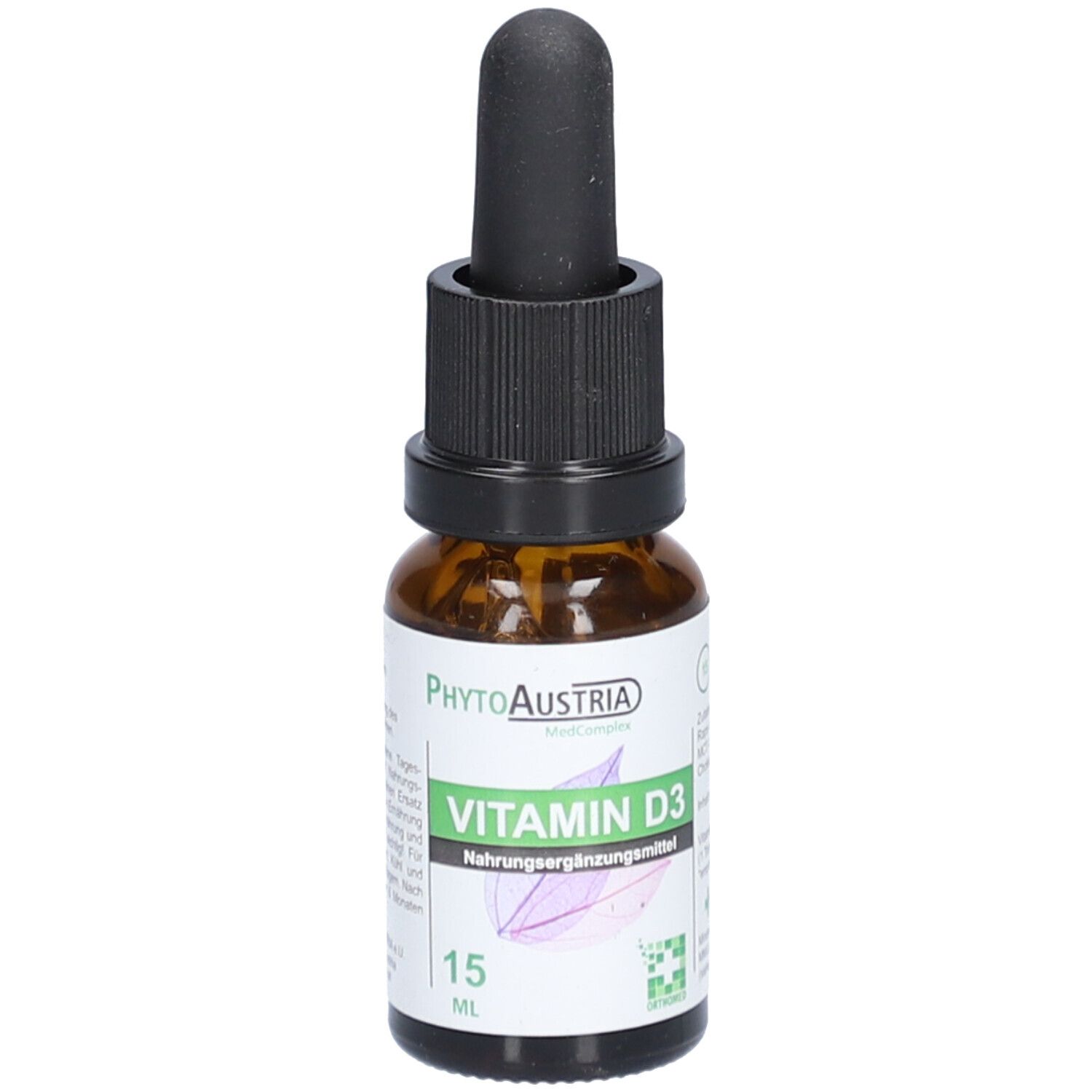 Braune Glasflasche mit schwarzem Tropfer. Etikett mit "Vitamin D3" und "15 ml".