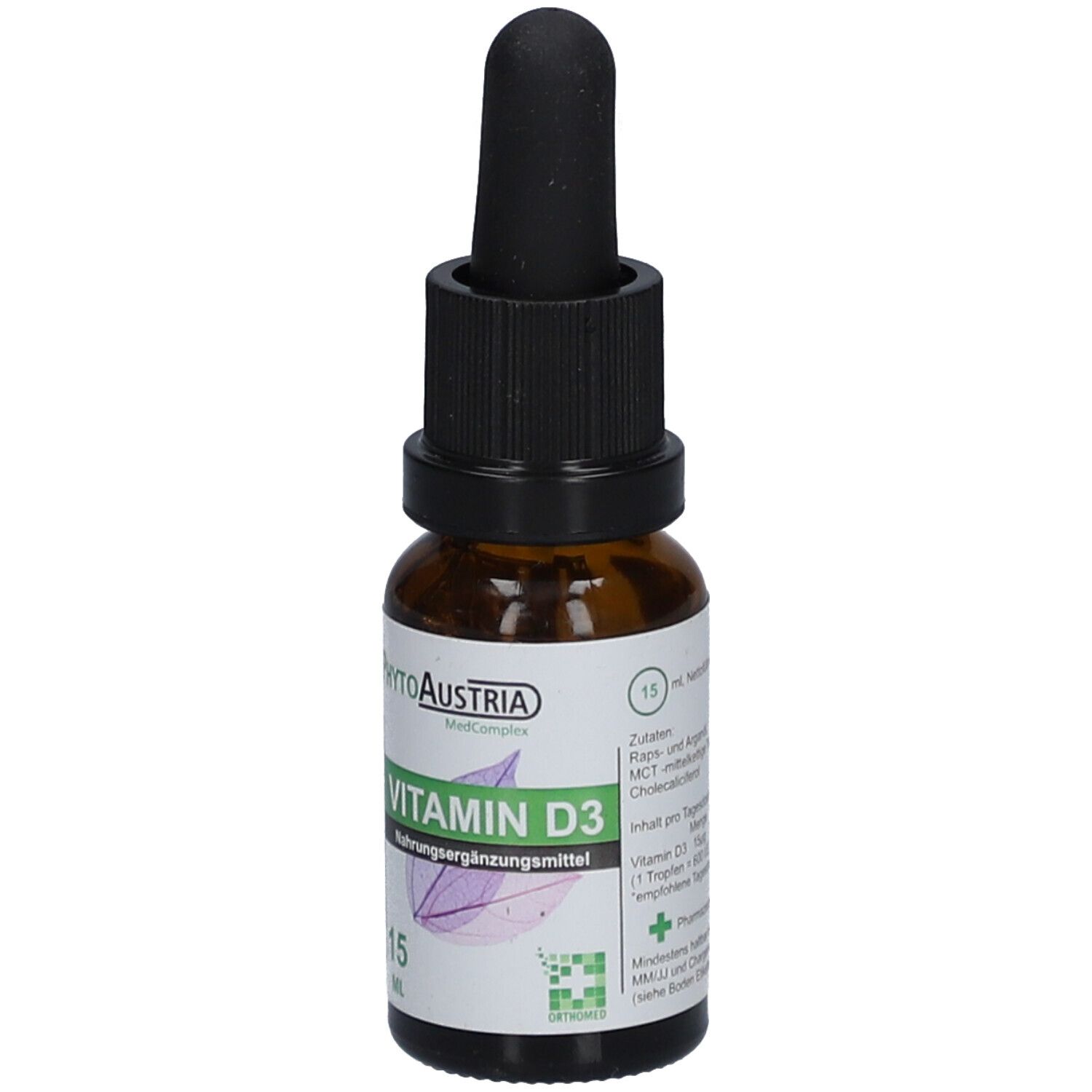Braune Glasflasche mit schwarzem Tropfer. Etikett mit "Vitamin D3" und Inhaltsstoffen.