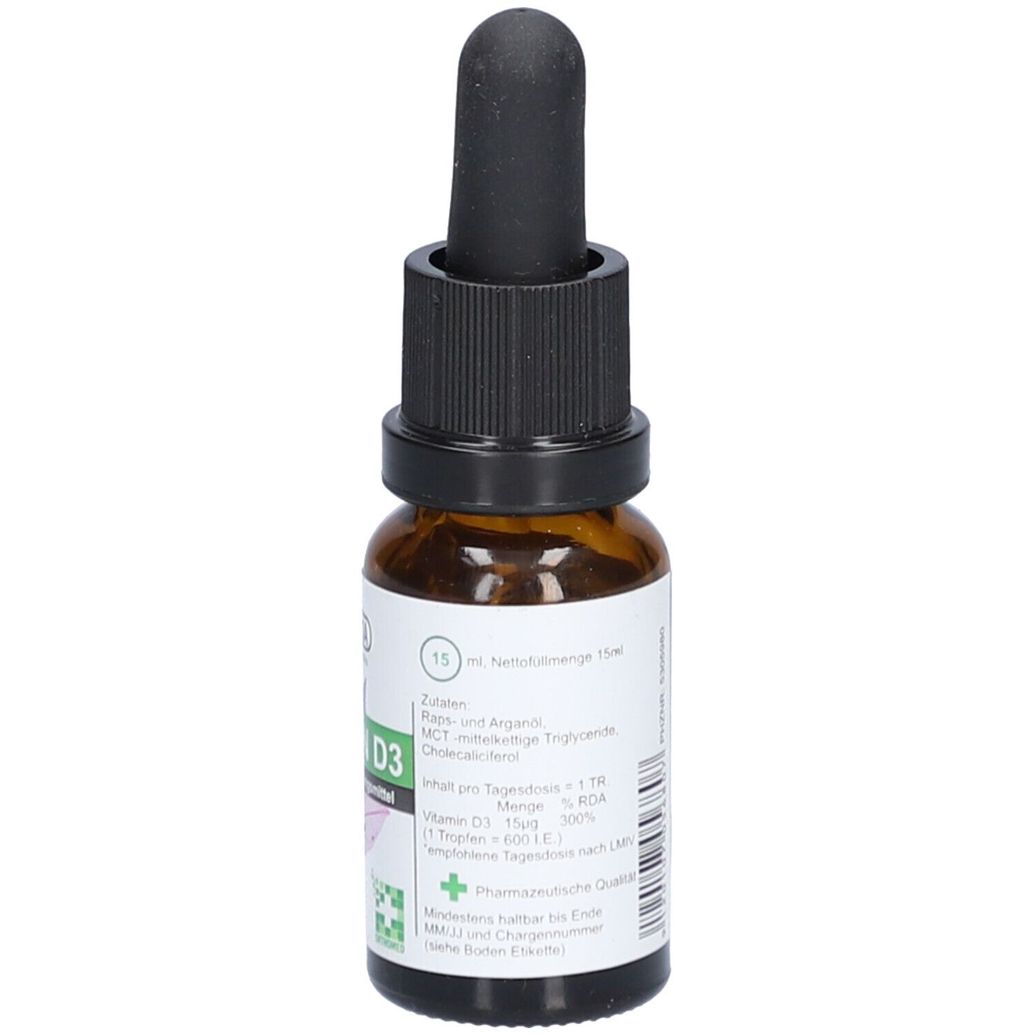 Braune Glasflasche mit schwarzem Tropfer. Etikett mit "Vitamin D3" und Nährwertangaben.