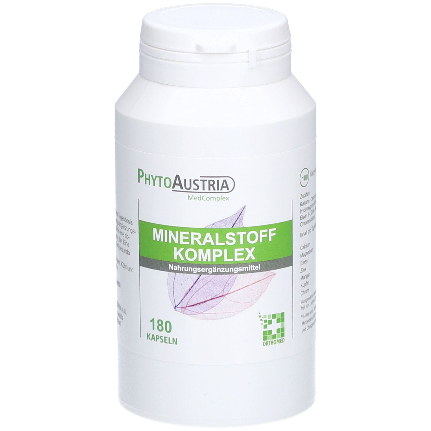 Weiße Flasche mit grünem Etikett. Aufschrift: Mineralstoff Komplex, 180 Kapseln. Marke: PhytoAustria.