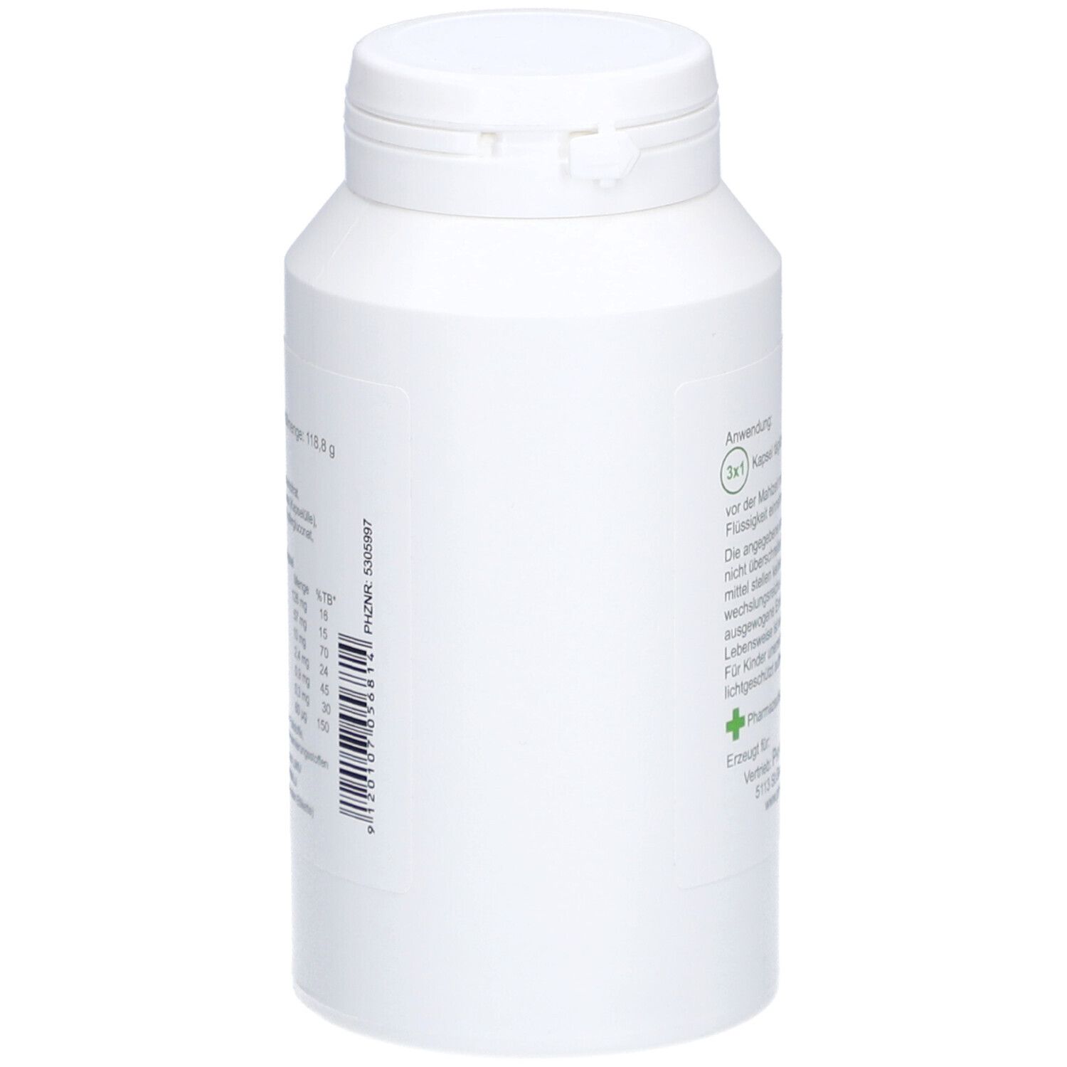Weiße Flasche mit grünem Etikett. Text: Anwendung, Inhaltsstoffe. Marke: PhytoAustria. Barcode.