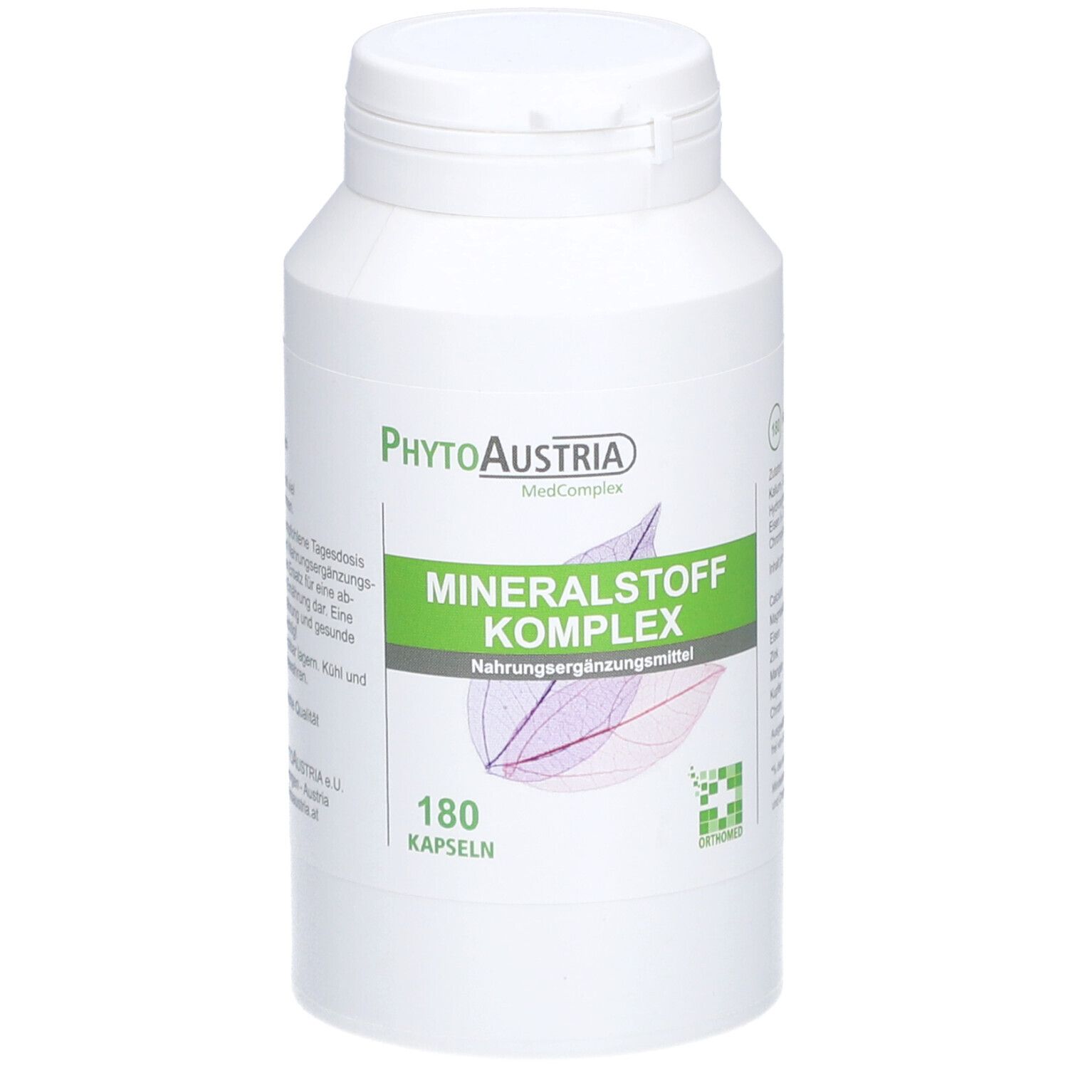 Weiße Flasche mit grünem Etikett. Aufschrift: Mineralstoff Komplex, 180 Kapseln. Marke: PhytoAustria.