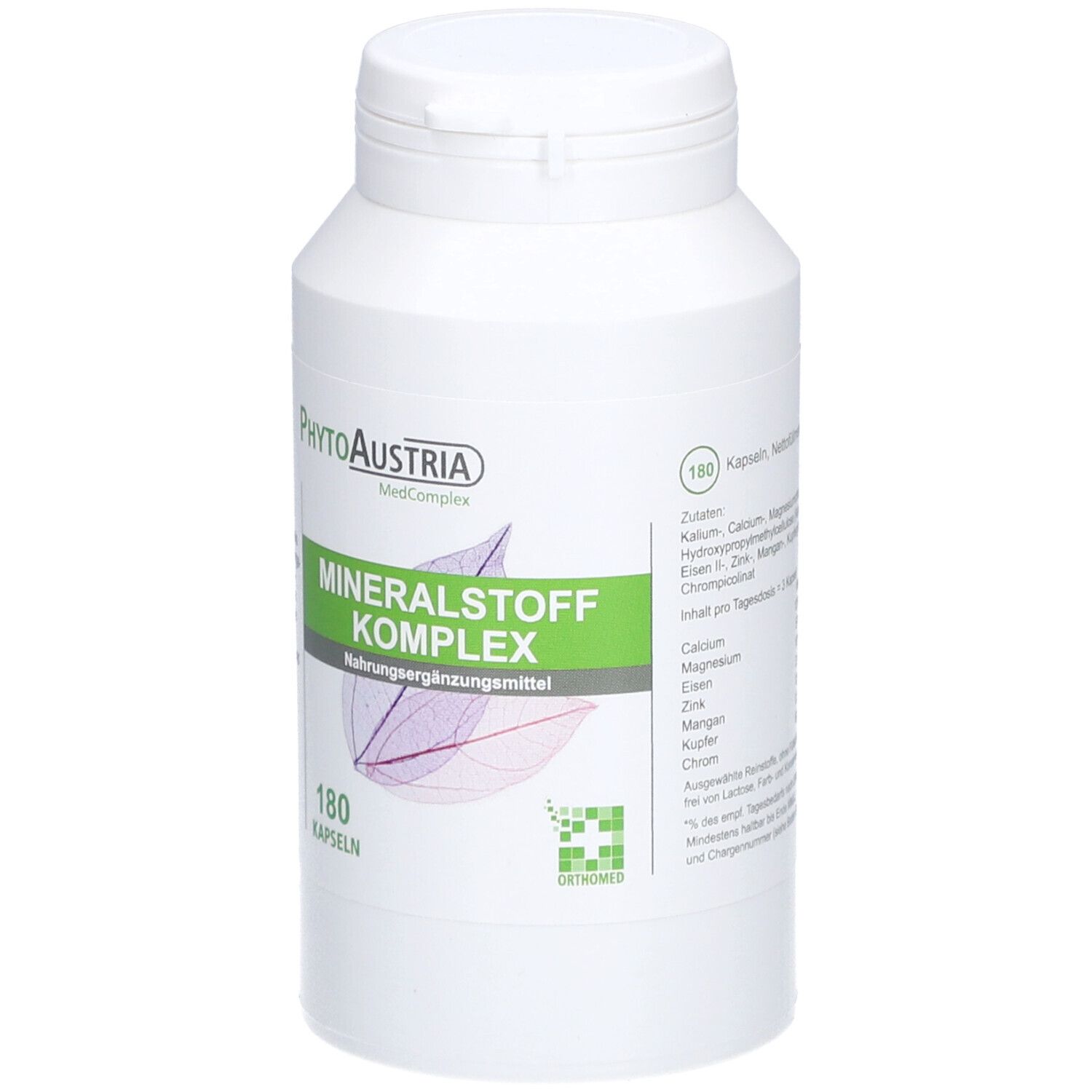 Weiße Flasche mit grünem Etikett. Aufschrift: Mineralstoff Komplex, 180 Kapseln. Marke: PhytoAustria. Inhaltsstoffe.