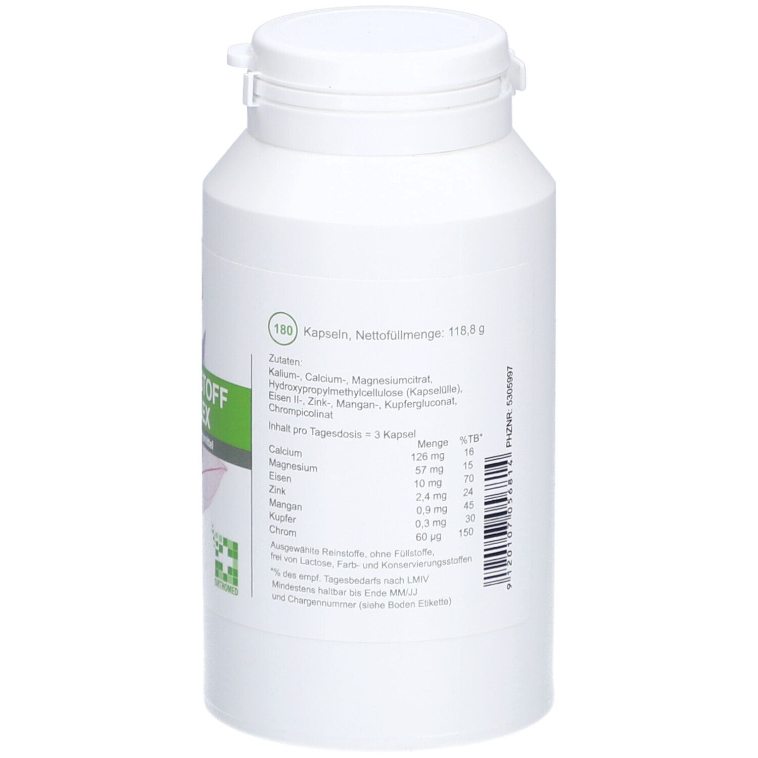 Weiße Flasche mit grünem Etikett. Aufschrift: Mineralstoff Komplex, 180 Kapseln. Marke: PhytoAustria. Inhaltsstoffe.