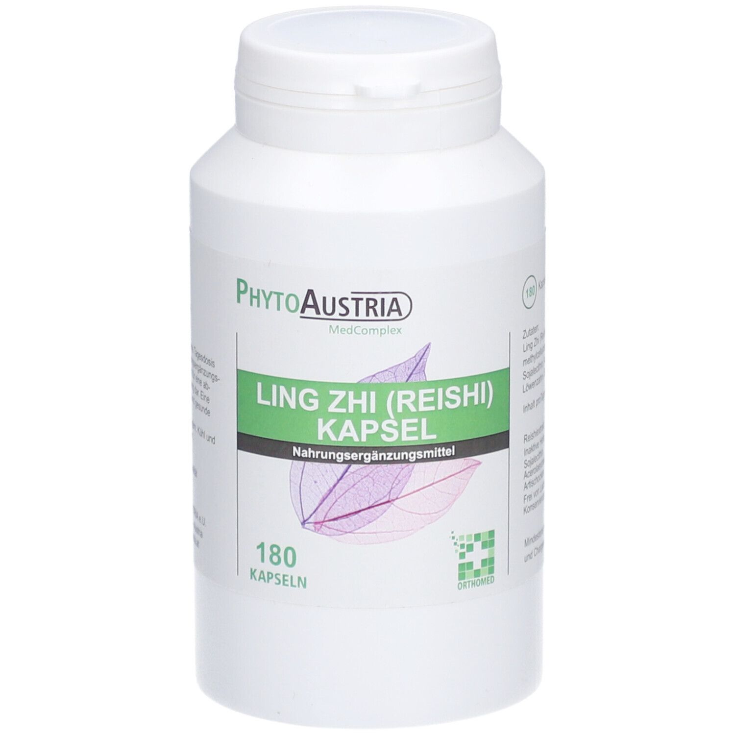 Weiße Flasche mit PhytoAustria Ling Zhi (Reishi) Kapseln. 180 Kapseln. Grün-weiße Beschriftung.