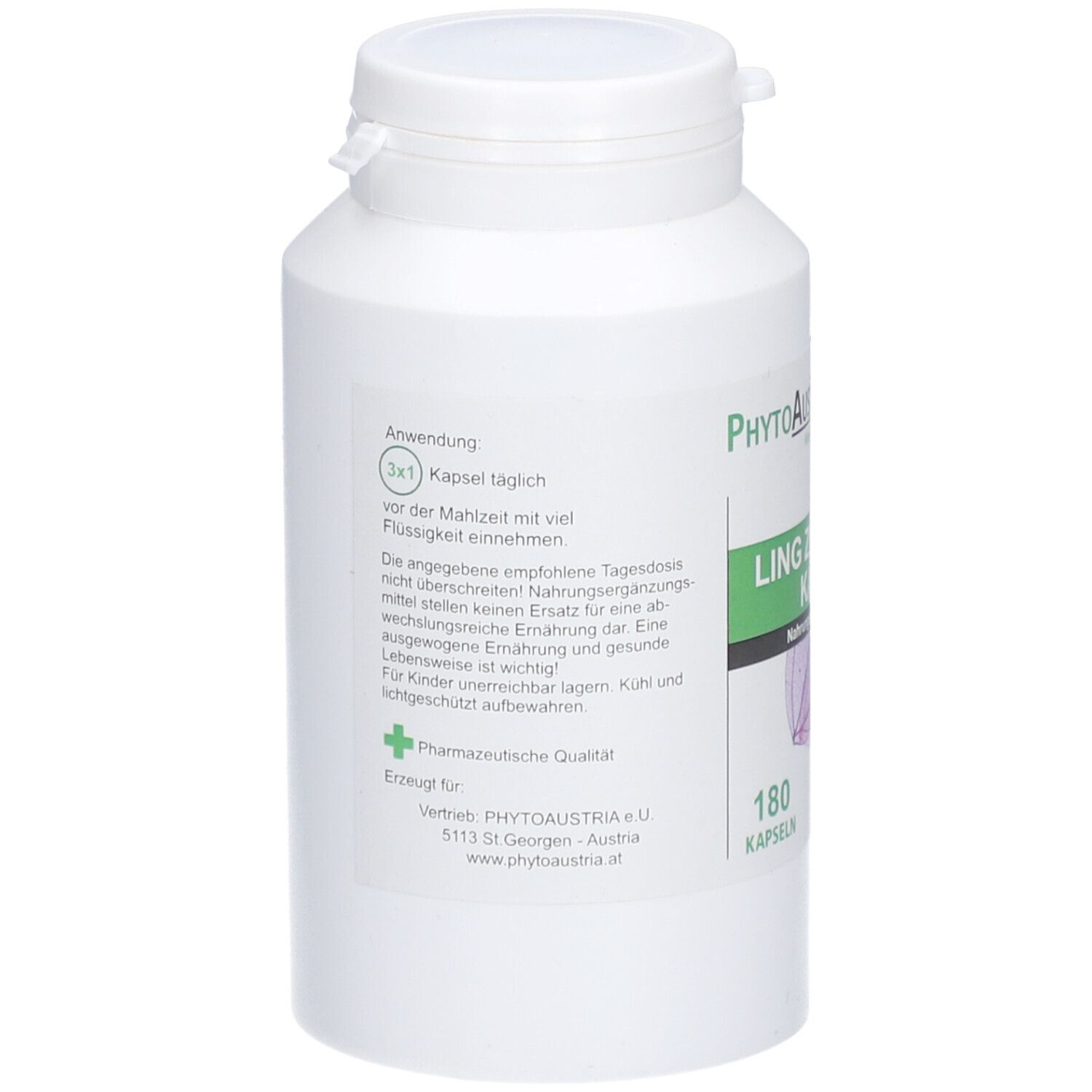 Weiße Flasche mit PhytoAustria Ling Zhi (Reishi) Kapseln. Rückseite mit Text und grüner Beschriftung.
