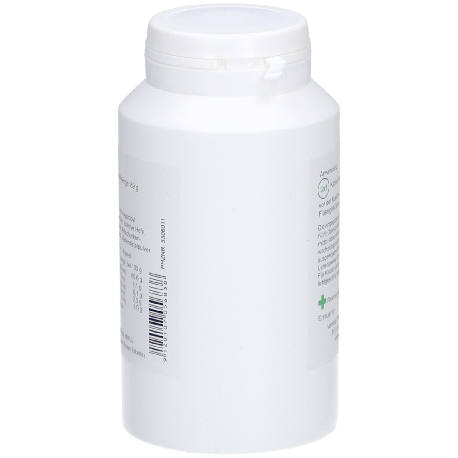 Weiße Flasche mit PhytoAustria Ling Zhi (Reishi) Kapseln. Seitenansicht mit Text und Barcode.