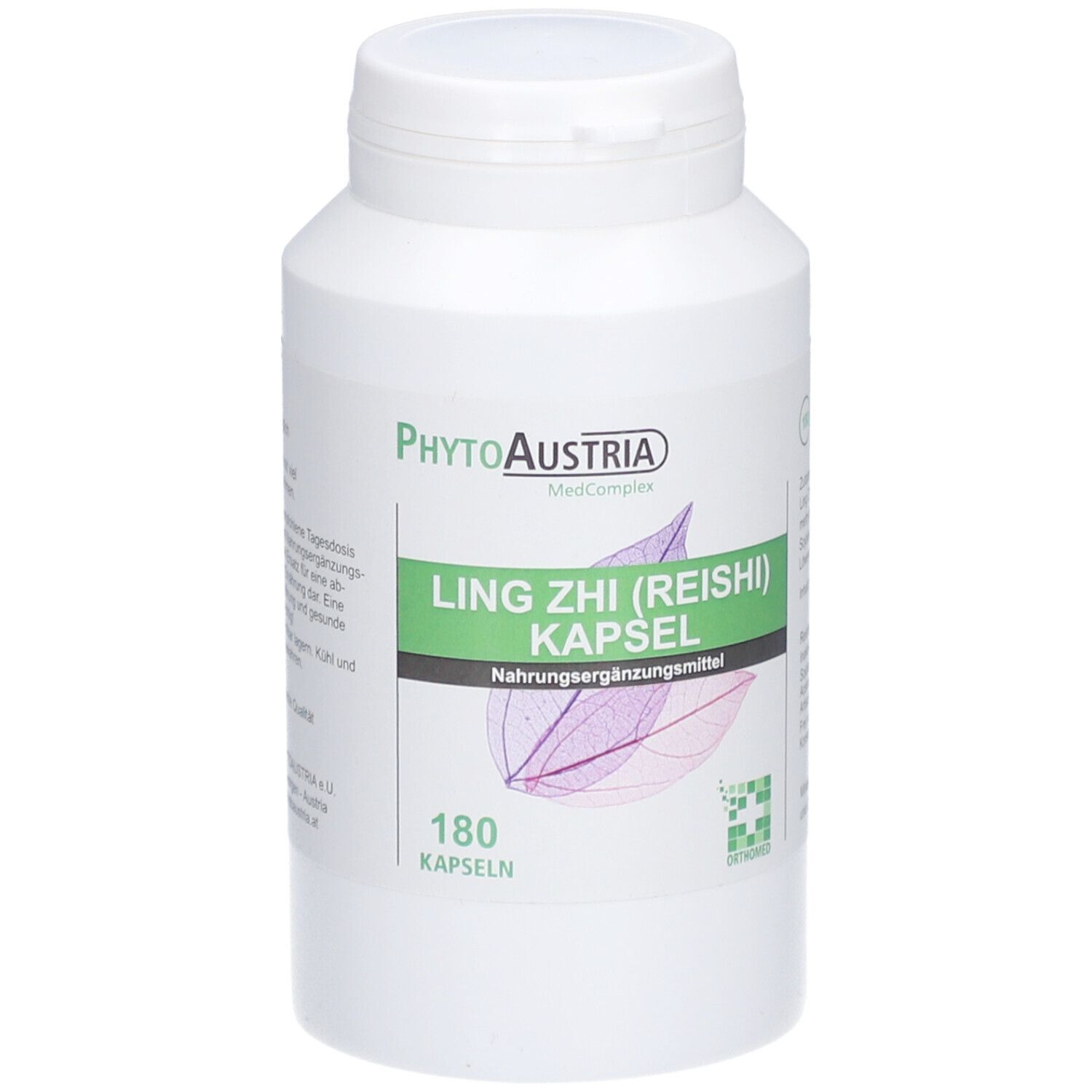 Weiße Flasche mit PhytoAustria Ling Zhi (Reishi) Kapseln. Vorderansicht mit grüner Beschriftung.
