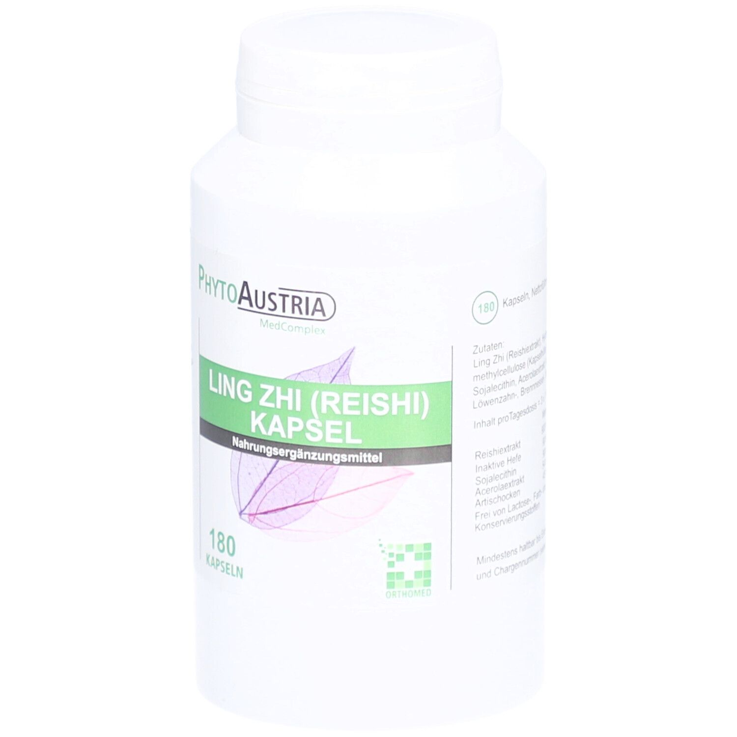 Weiße Flasche mit PhytoAustria Ling Zhi (Reishi) Kapseln. Vorderansicht mit grüner Beschriftung.