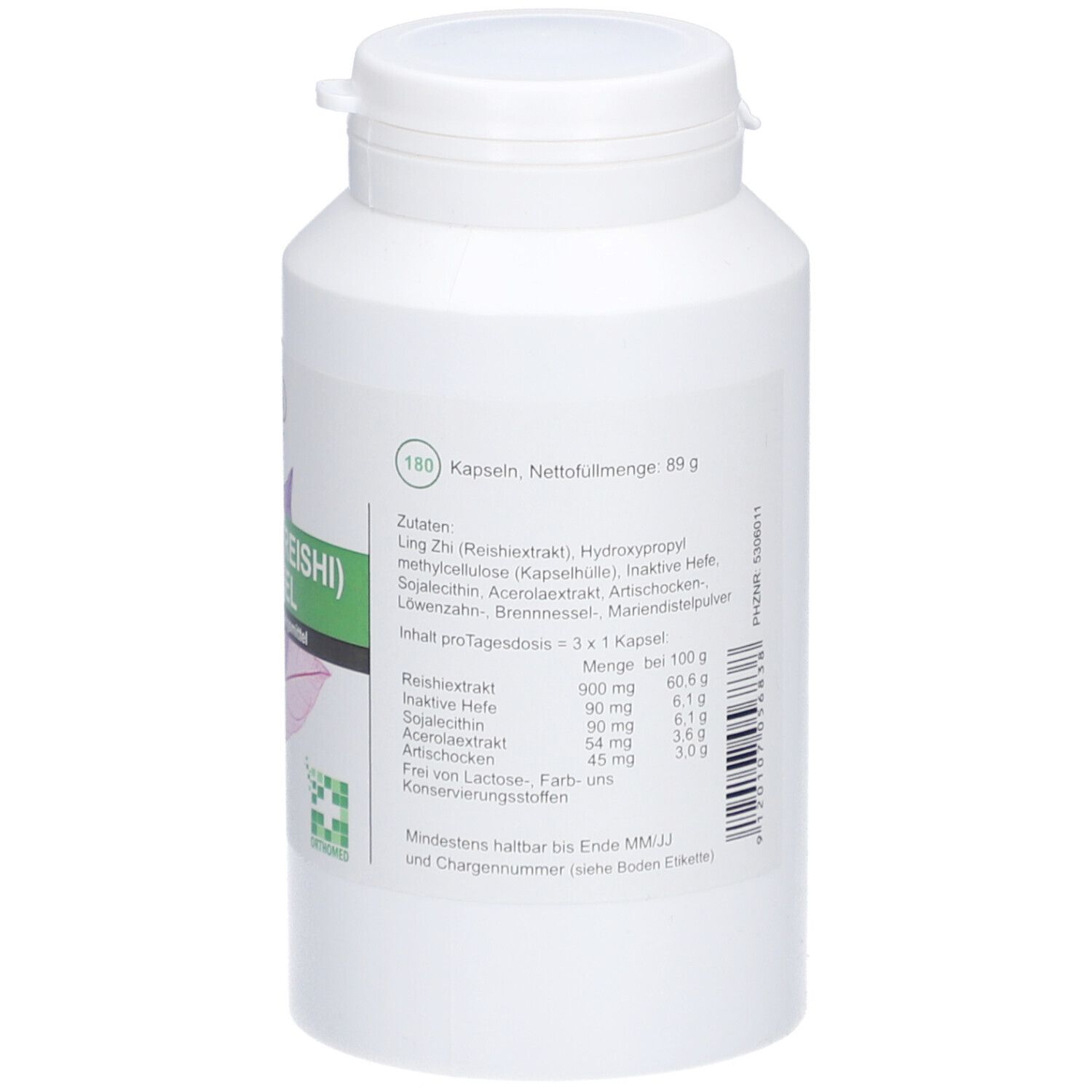 Weiße Flasche mit PhytoAustria Ling Zhi (Reishi) Kapseln. Rückseite mit Zutatenliste und grüner Beschriftung.
