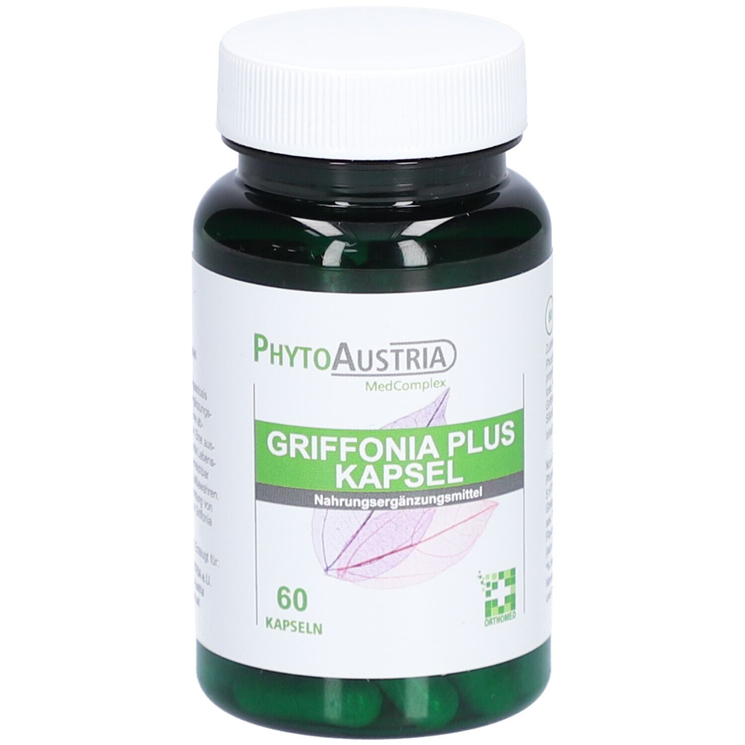 Grüne Kapseln in einer Flasche mit weißem Deckel. Auf dem Etikett steht 'PhytoAustria Griffonia Plus Kapsel'.