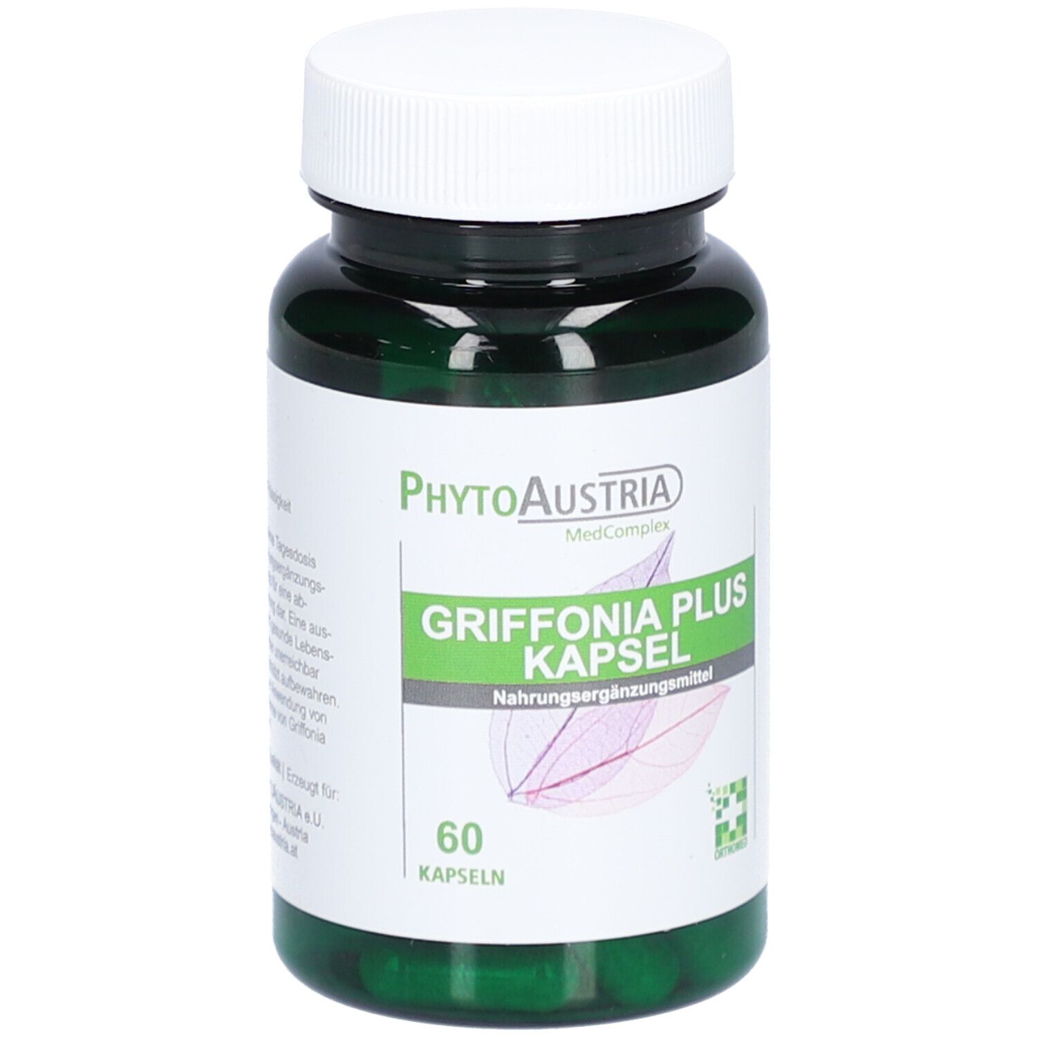 Grüne Kapseln in einer Flasche mit weißem Deckel. Auf dem Etikett steht 'PhytoAustria Griffonia Plus Kapsel'.