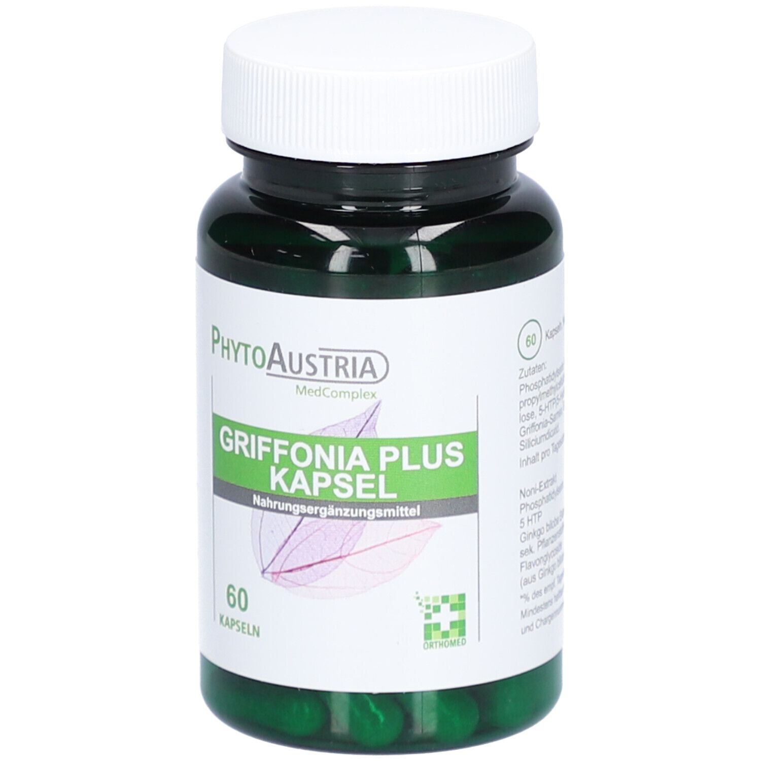 Grüne Kapseln in einer Flasche mit weißem Deckel. Auf dem Etikett steht 'PhytoAustria Griffonia Plus Kapsel'.