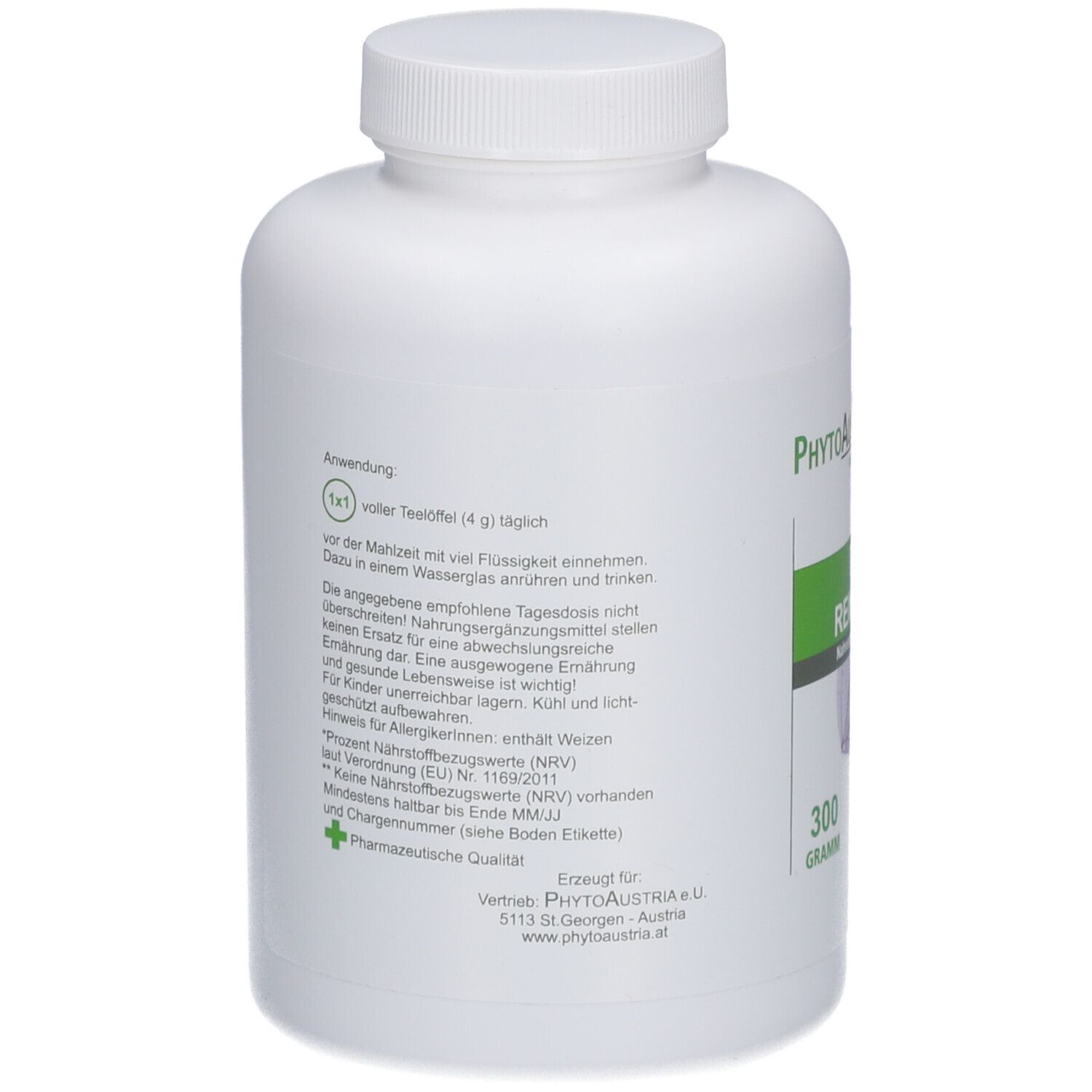 Weiße Flasche, Rückseite mit Text. Beschriftung: PhytoAustria, 300 Gramm. Anwendungshinweise und Inhaltsstoffe.